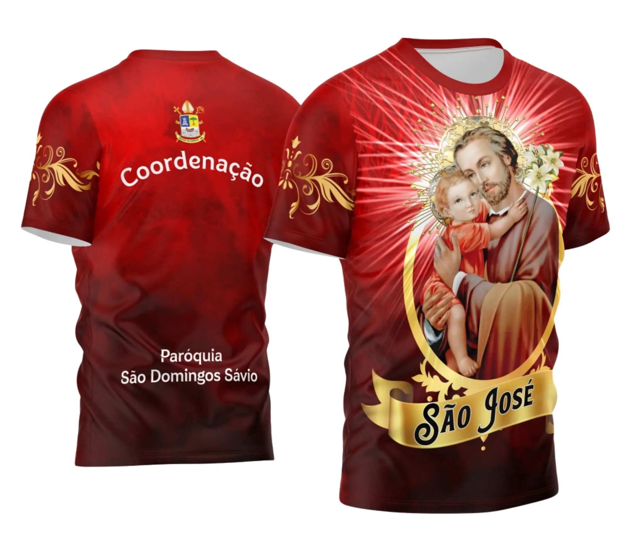 Camiseta unissex preta com logo no peito e estampa grande nas costas de São José, perfeita para quem busca estilo e devoção numa peça confortável e moderna.