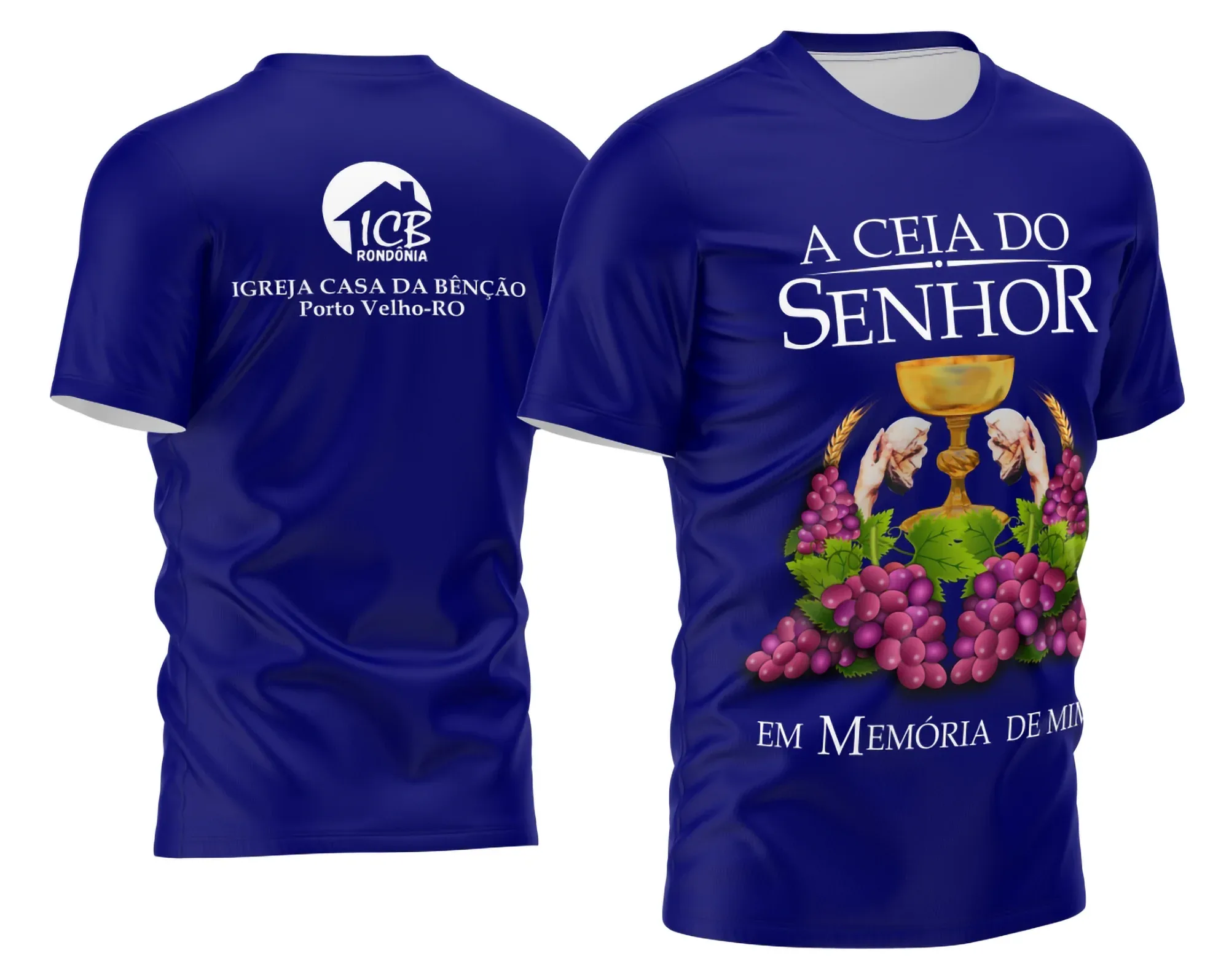 Camiseta unissex preta com logo no peito e estampa grande nas costas representando a Ceia do Senhor, tema religioso, ideal para momentos de fé e espiritualidade.