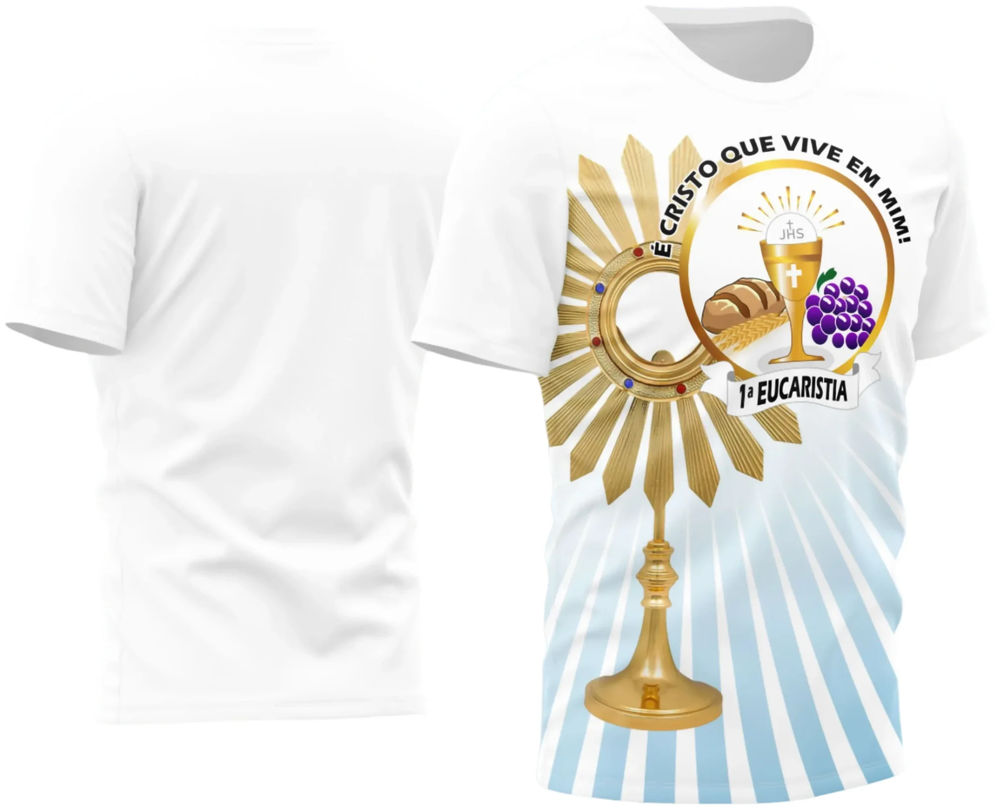 Camiseta unissex branca com logo no peito e estampa grande nas costas, tema Primeira Eucaristia, ideal para celebrações religiosas e momentos especiais.