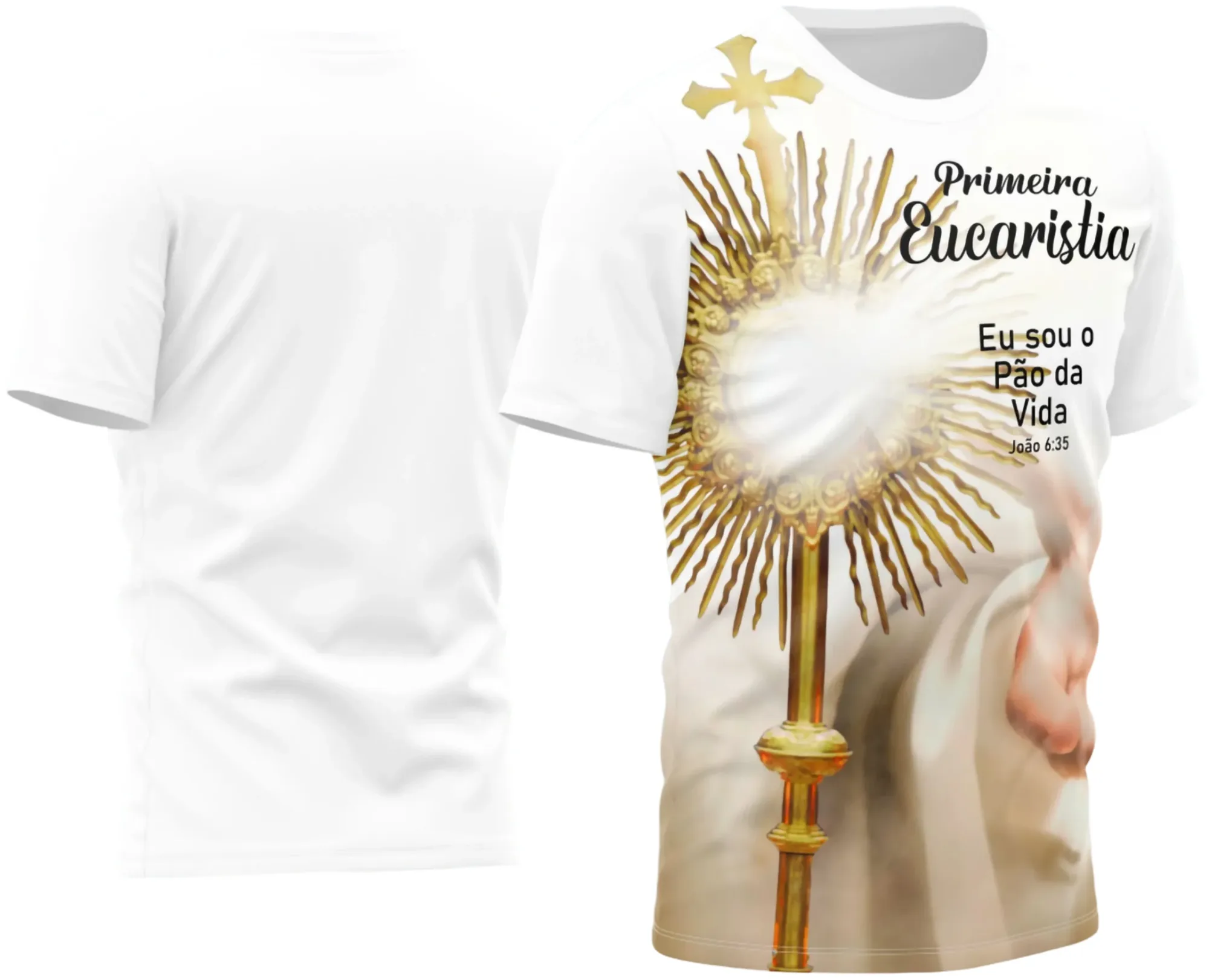 Camiseta unissex branca com logo no peito e estampa grande nas costas, tema Fé e Simbolismo da Primeira Comunhão, ideal para eventos religiosos e celebrações familiares.
