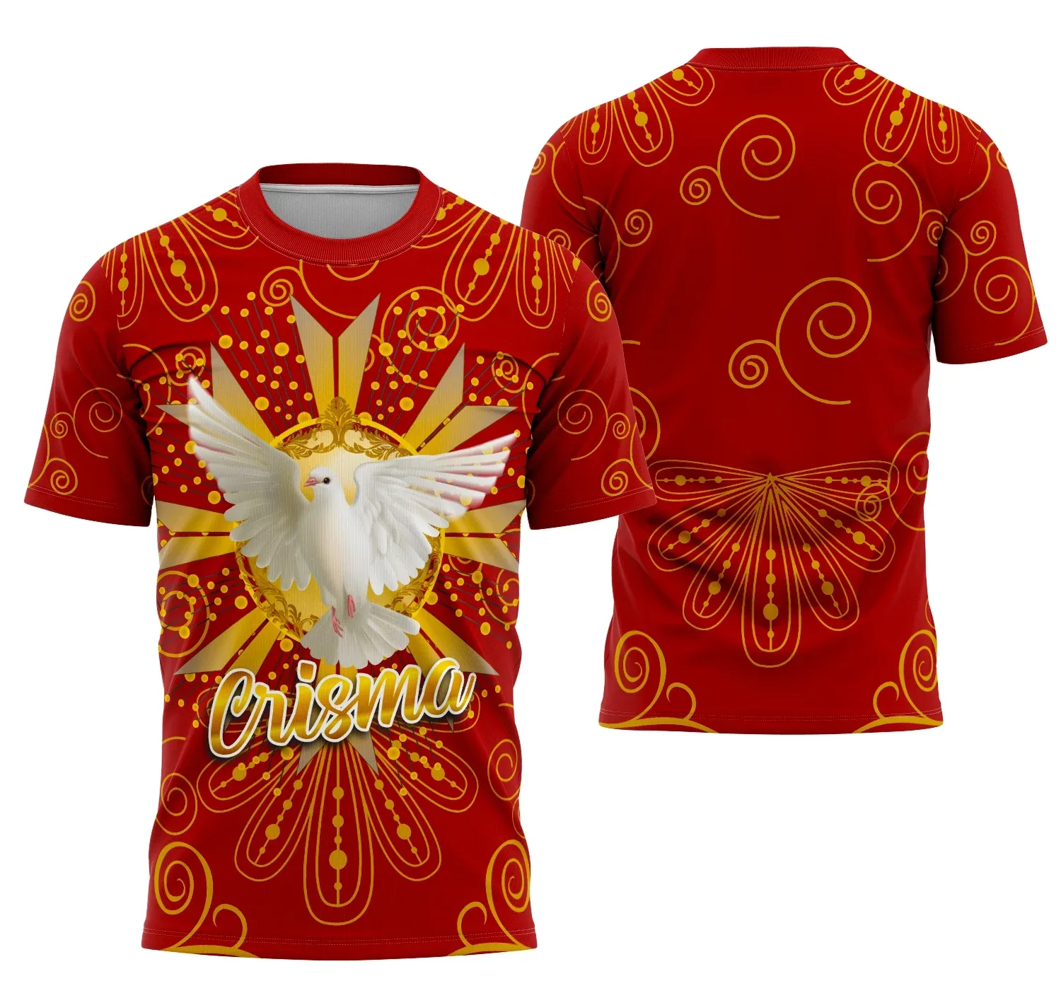 Camiseta unissex branca com logo no peito e estampa grande nas costas destacando o tema Celebração da Crisma com Fé e Tradição, perfeita para ocasiões religiosas e eventos especiais.