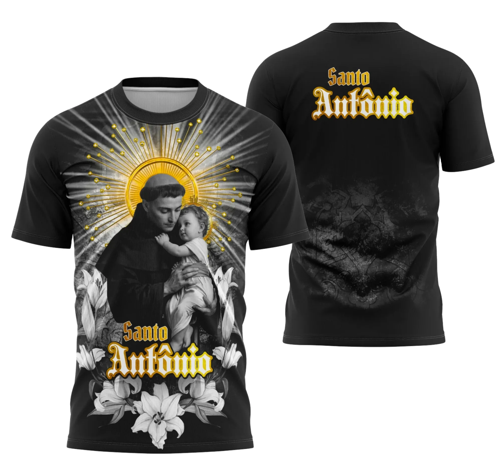 Camiseta unissex preta com logo no peito e estampa grande nas costas com tema Devocional Santo Antônio Católica, ideal para uso religioso e eventos especiais.