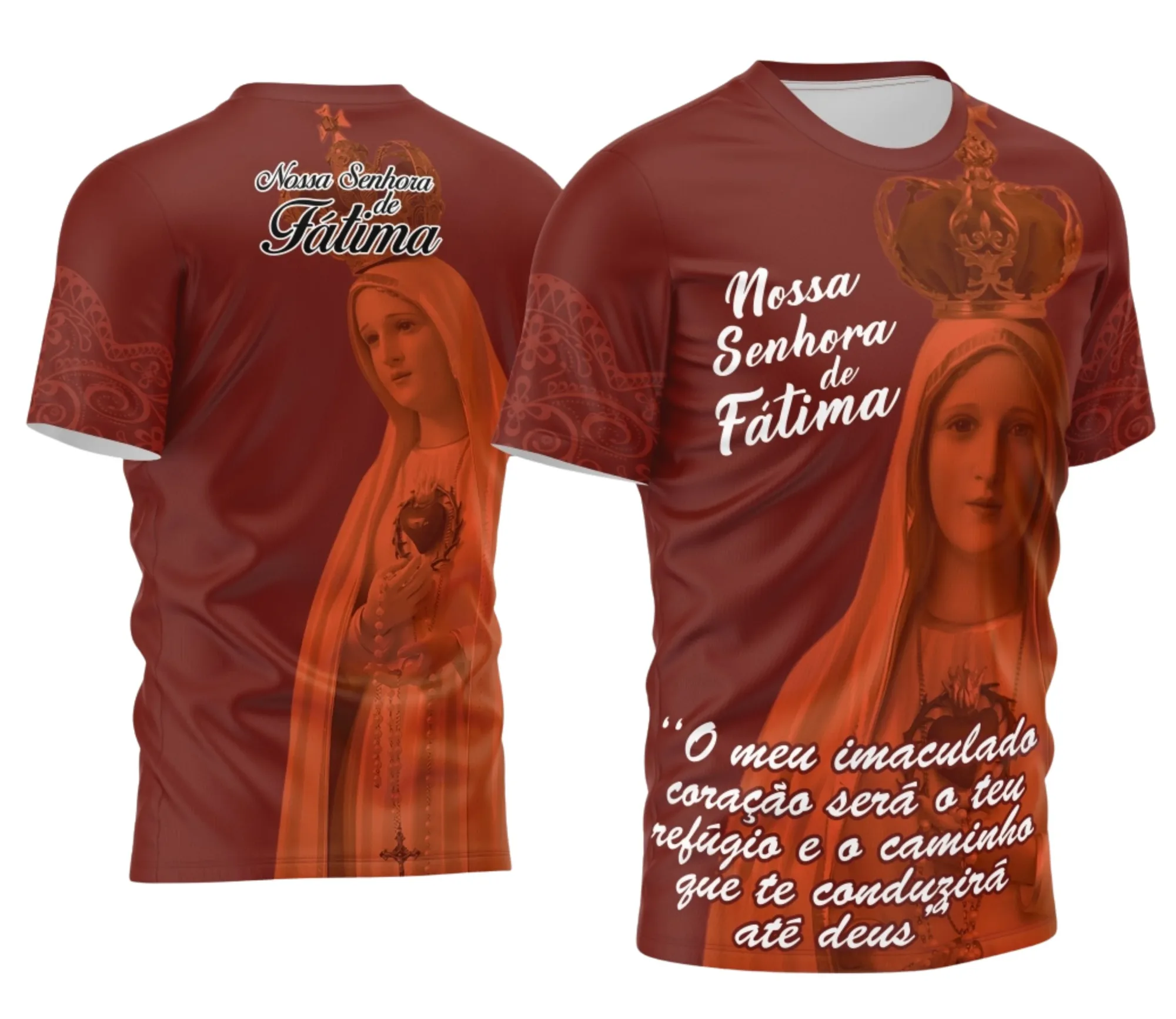Camiseta unissex preta com logo no peito e estampa grande nas costas com tema Devocional Nossa Senhora de Fátima, destacando fé e proteção em estilo moderno e confortável.