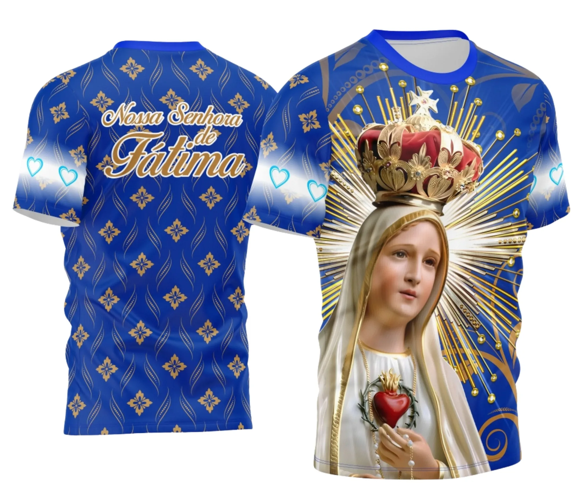 Camiseta unissex preta com logo no peito e estampa grande nas costas com tema Devocional Nossa Senhora de Fátima modelo 2, perfeita para expressar fé com estilo.