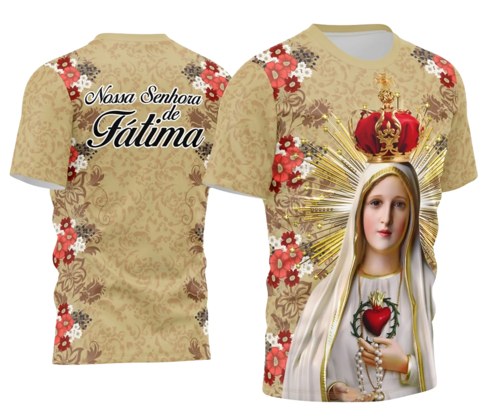 Camiseta unissex branca com logo no peito e estampa grande nas costas com tema Devocional Nossa Senhora de Fátima modelo 3, perfeita para estilo religioso e casual.