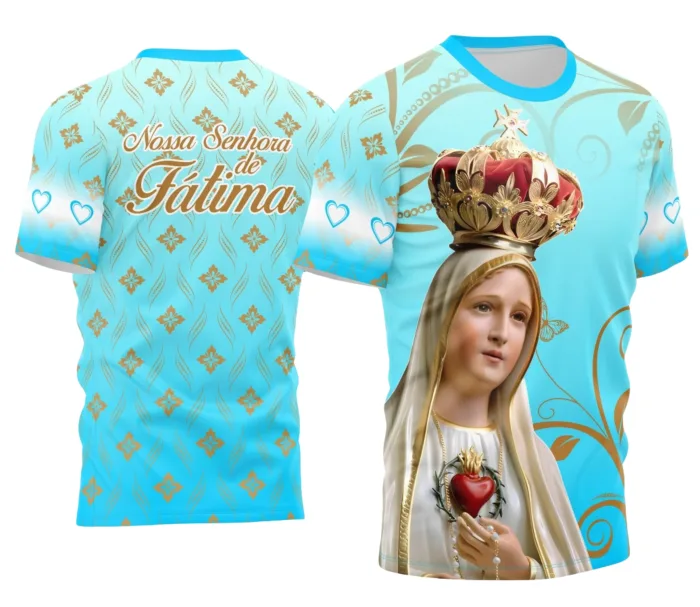 Arte Camisa Devocional Nossa Senhora de Fátima Modelo 4 Perfeita Para Sua Fé
