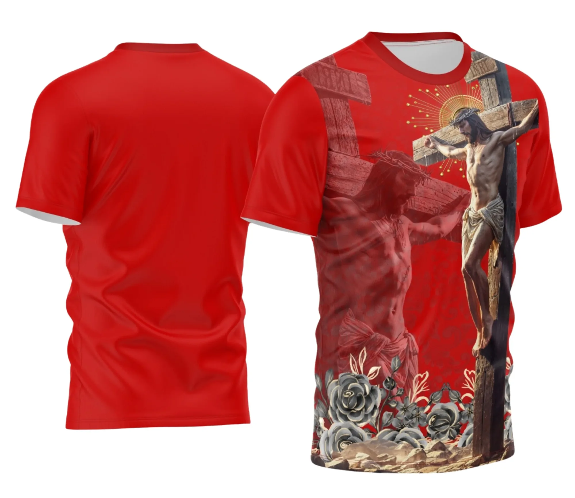 Camiseta unissex preta com logo no peito e estampa grande nas costas do Bom Jesus, destacando estilo religioso e moderno para ocasiões variadas.