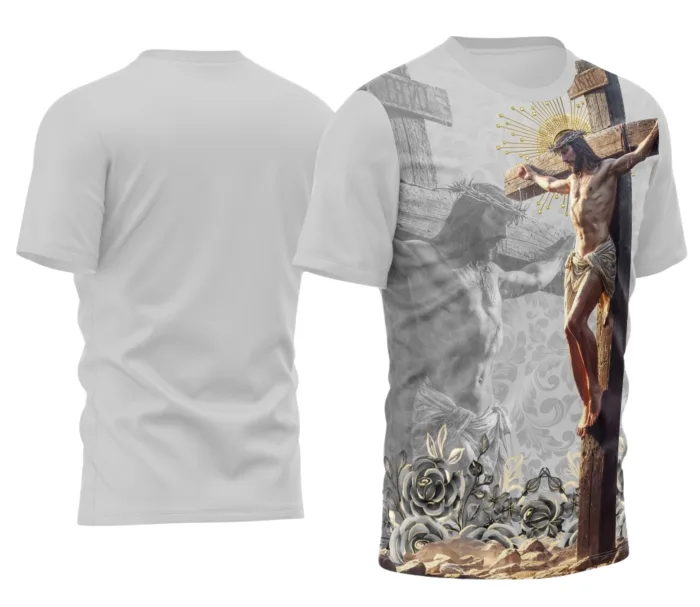 Camiseta unissex branca com logo no peito e estampa grande nas costas inspirada em Bom Jesus, ideal para quem busca fé e espiritualidade em sua roupa diária.