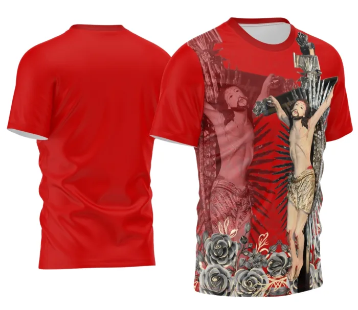 Camiseta unissex branca com logo no peito e estampa grande nas costas com tema Sagrada Bom Jesus da Lapa, ideal para uso casual e devocional.