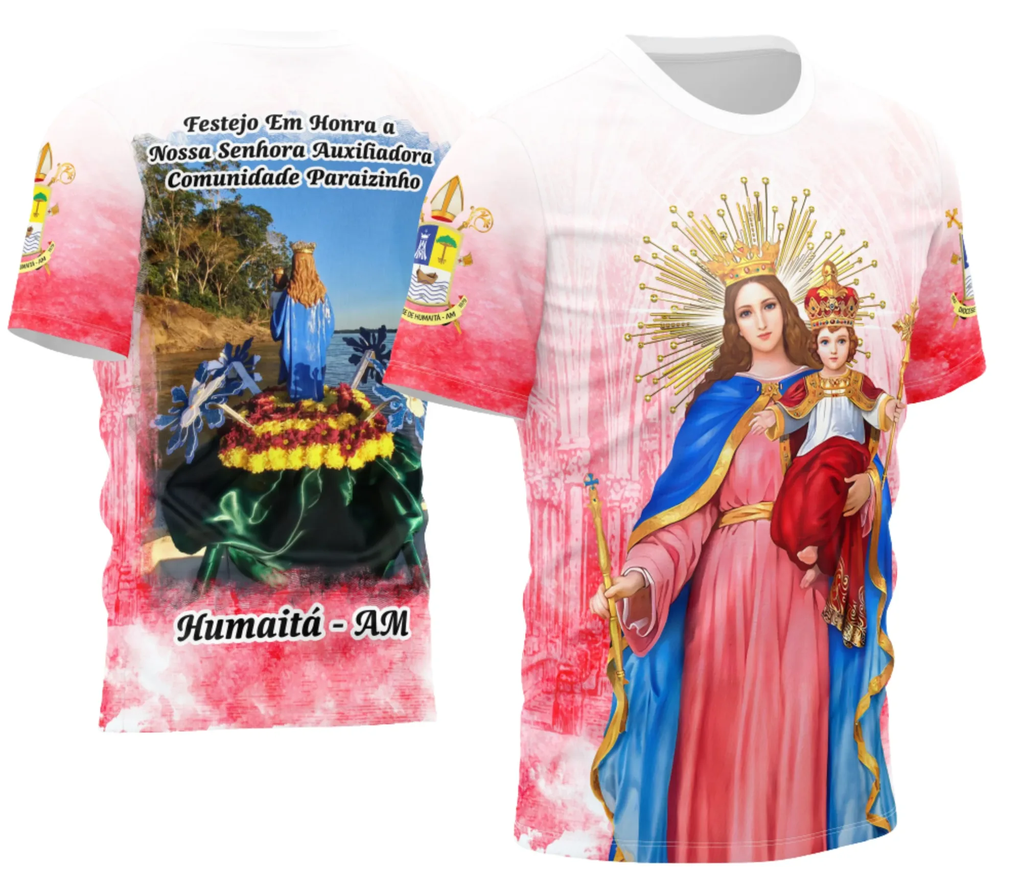 Camiseta unissex preta com logo no peito e estampa grande nas costas inspirada em Nossa Senhora Auxiliadora, ideal para expressar fé com estilo e conforto.