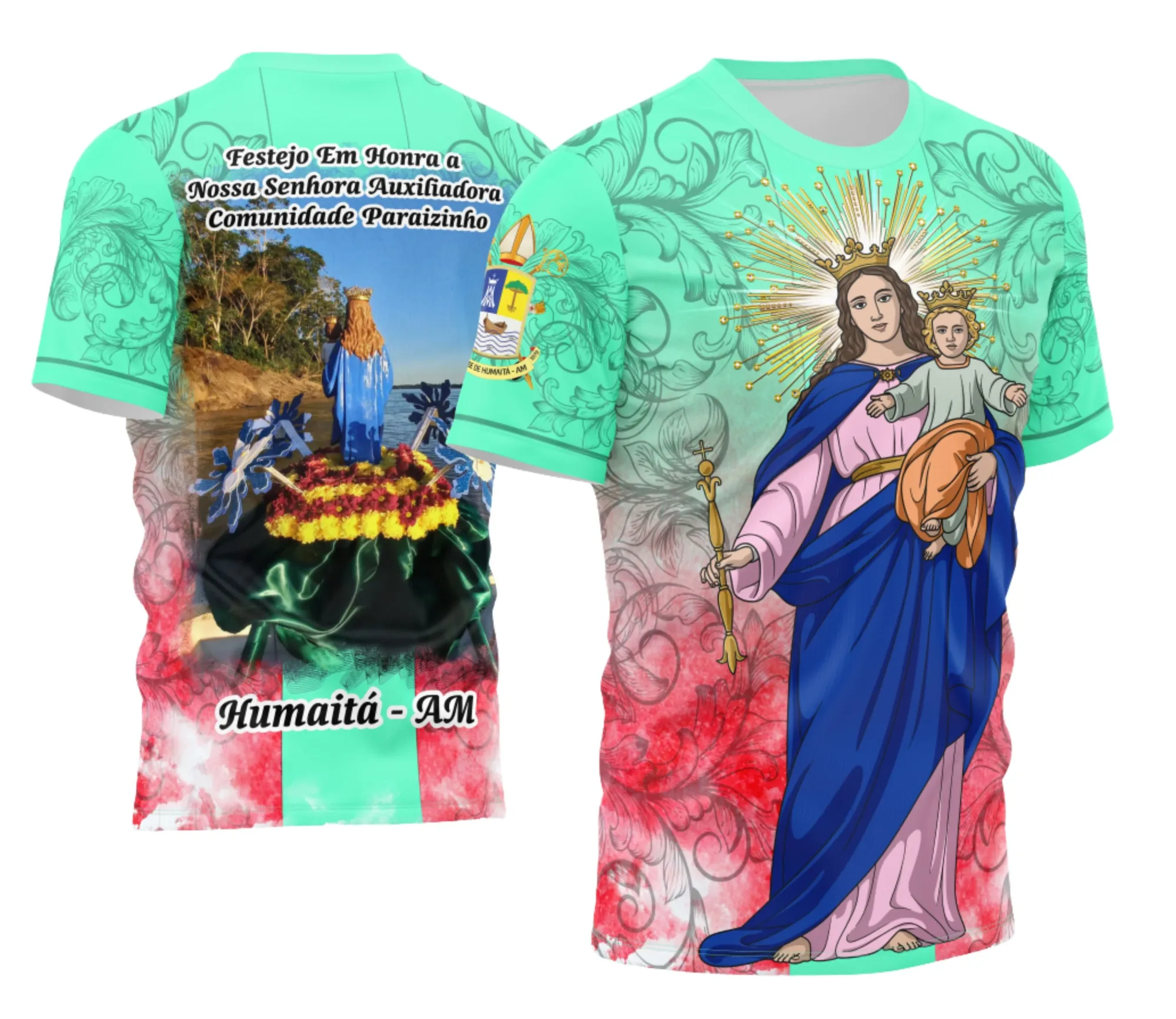 Camiseta unissex preta com logo no peito e estampa grande nas costas mostrando Nossa Senhora Auxiliadora em design devocional clássico, ideal para quem busca fé e estilo em uma peça única.