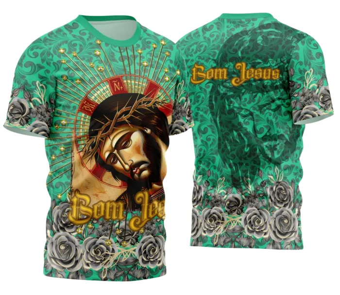 Camiseta unissex preta com logo no peito e estampa grande nas costas do Divino Bom Jesus, tema Fé e Tradição, estilo religioso e tradicional para várias ocasiões.