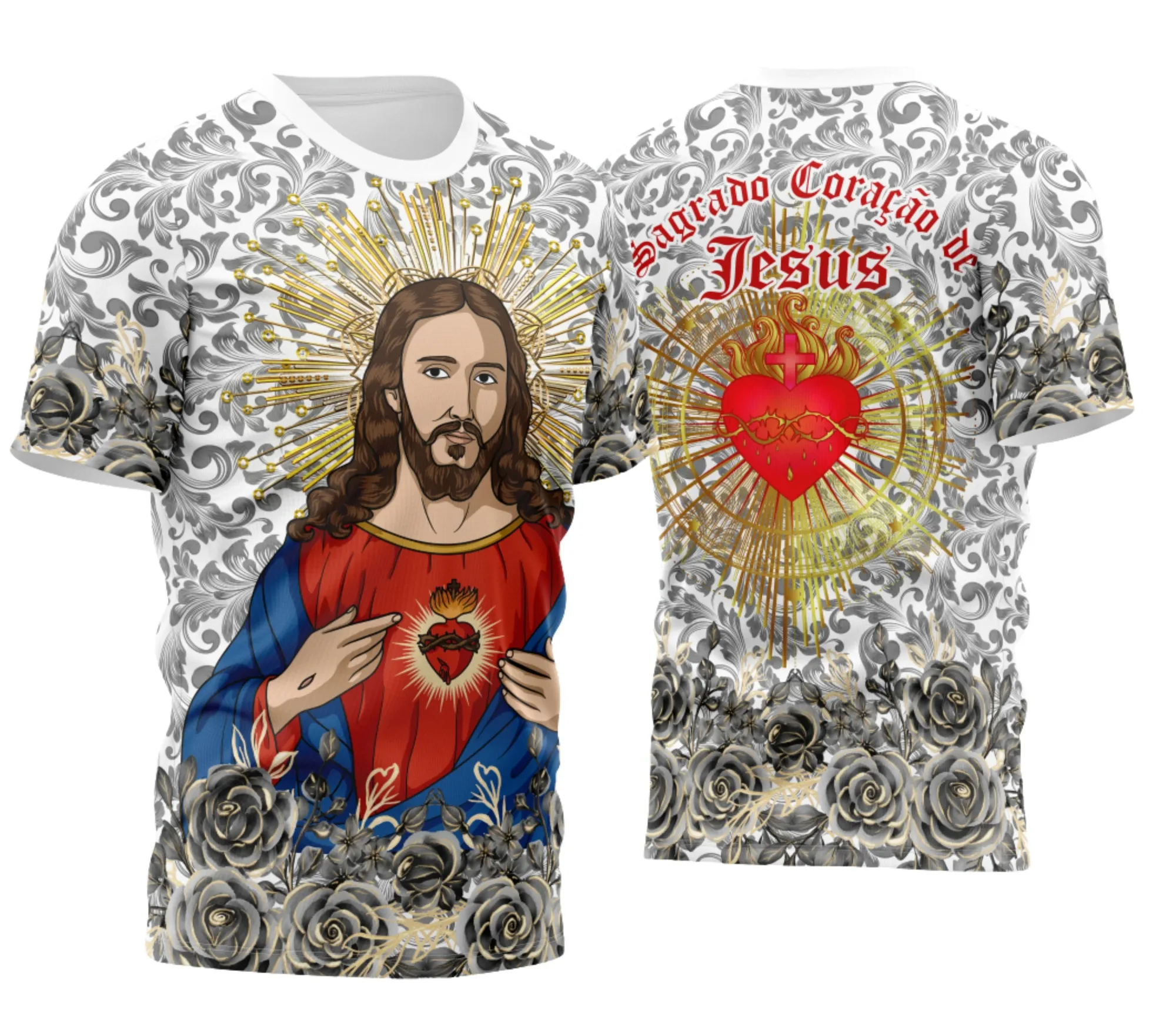 Camiseta unissex branca com logo no peito e estampa grande nas costas do Sagrado Coração de Jesus, perfeita para quem busca fé e estilo em uma peça confortável e moderna.