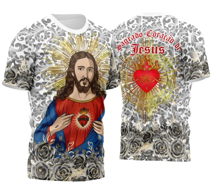 Camiseta unissex branca com logo no peito e estampa grande nas costas do Sagrado Coração de Jesus, perfeita para quem busca fé e estilo em uma peça confortável e moderna.