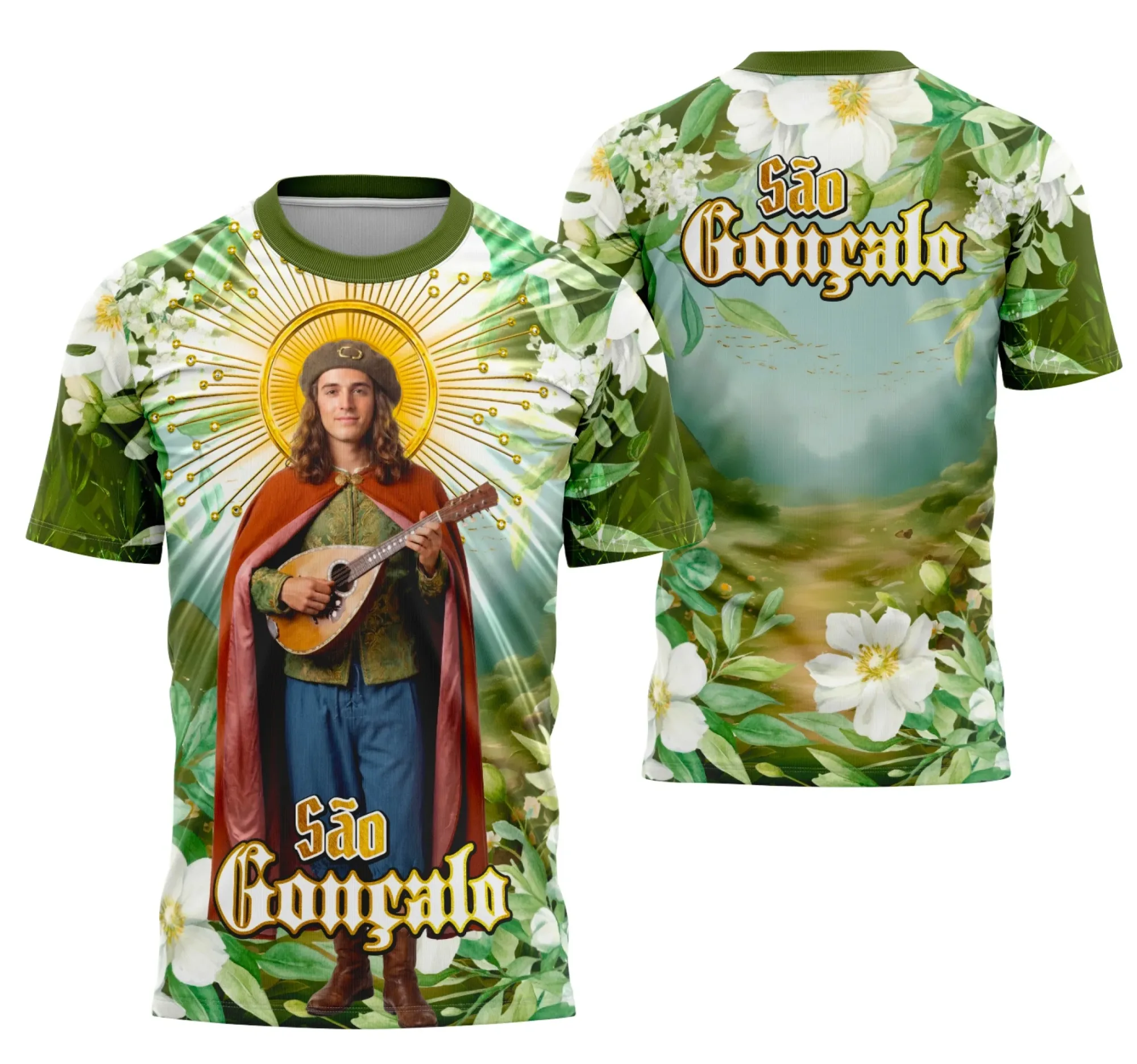 Camiseta unissex preta com logo no peito e estampa grande nas costas com tema Devota de São Gonçalo, ideal para quem busca estilo tradicional e religioso