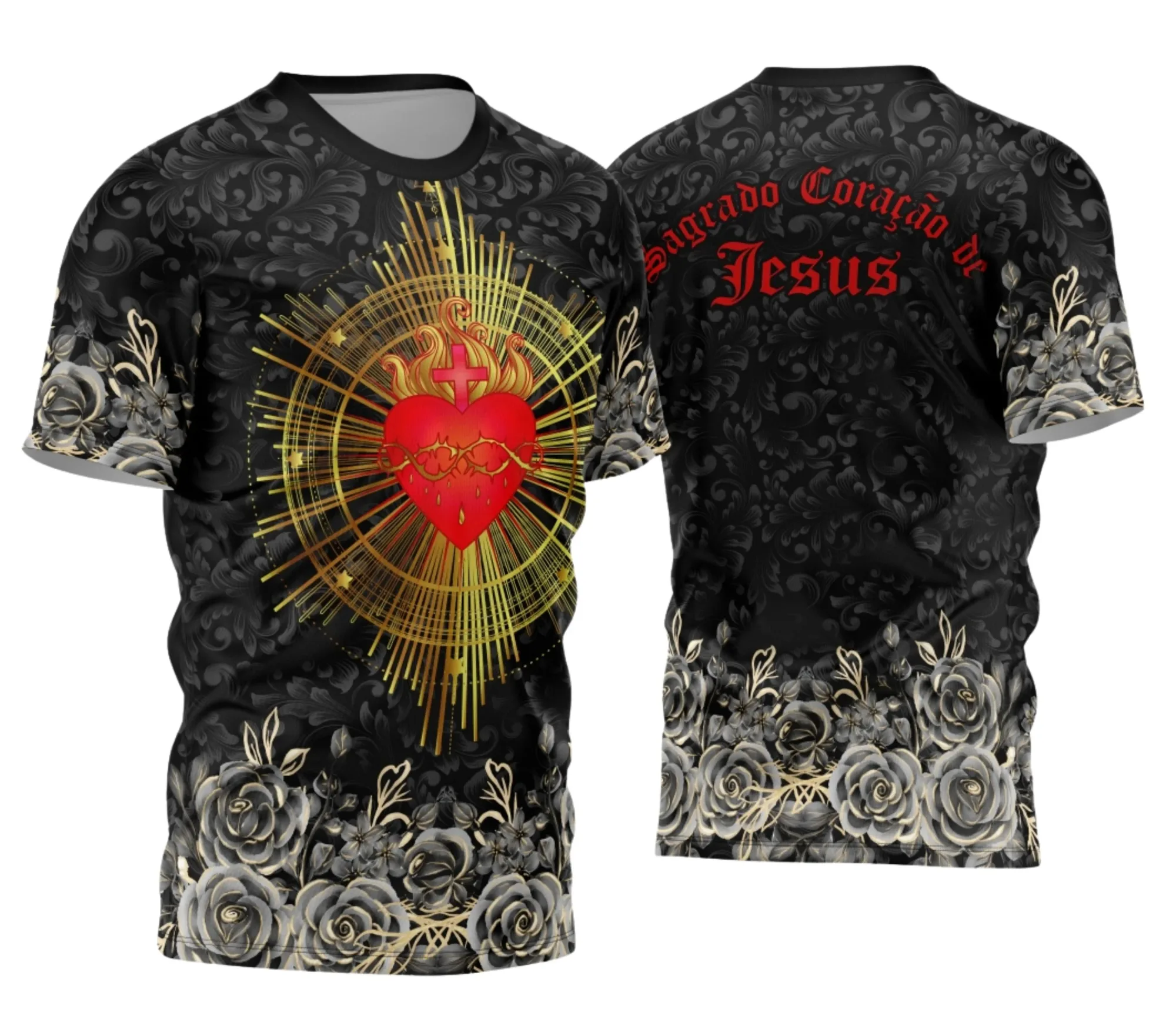 Camiseta unissex preta com logo no peito e estampa grande nas costas, tema Sagrado Coração de Jesus, perfeita para quem busca estilo e fé em uma peça confortável.