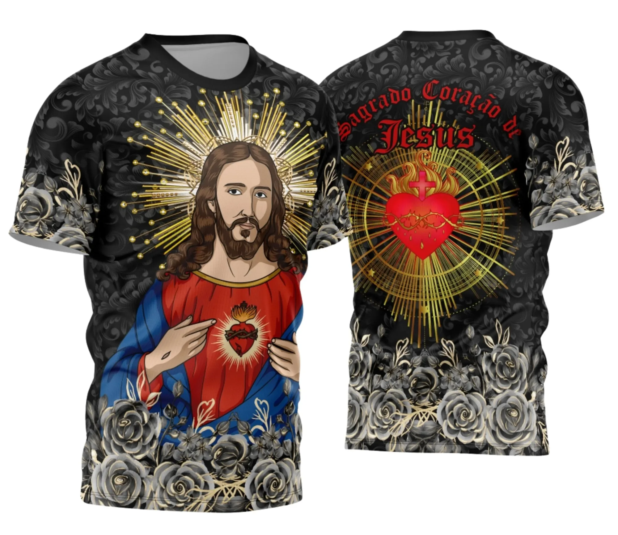 Camiseta unissex preta com logo no peito e estampa grande nas costas do Divino Coração Sagrado, perfeito para quem busca estilo e fé em uma peça de roupa marcante.