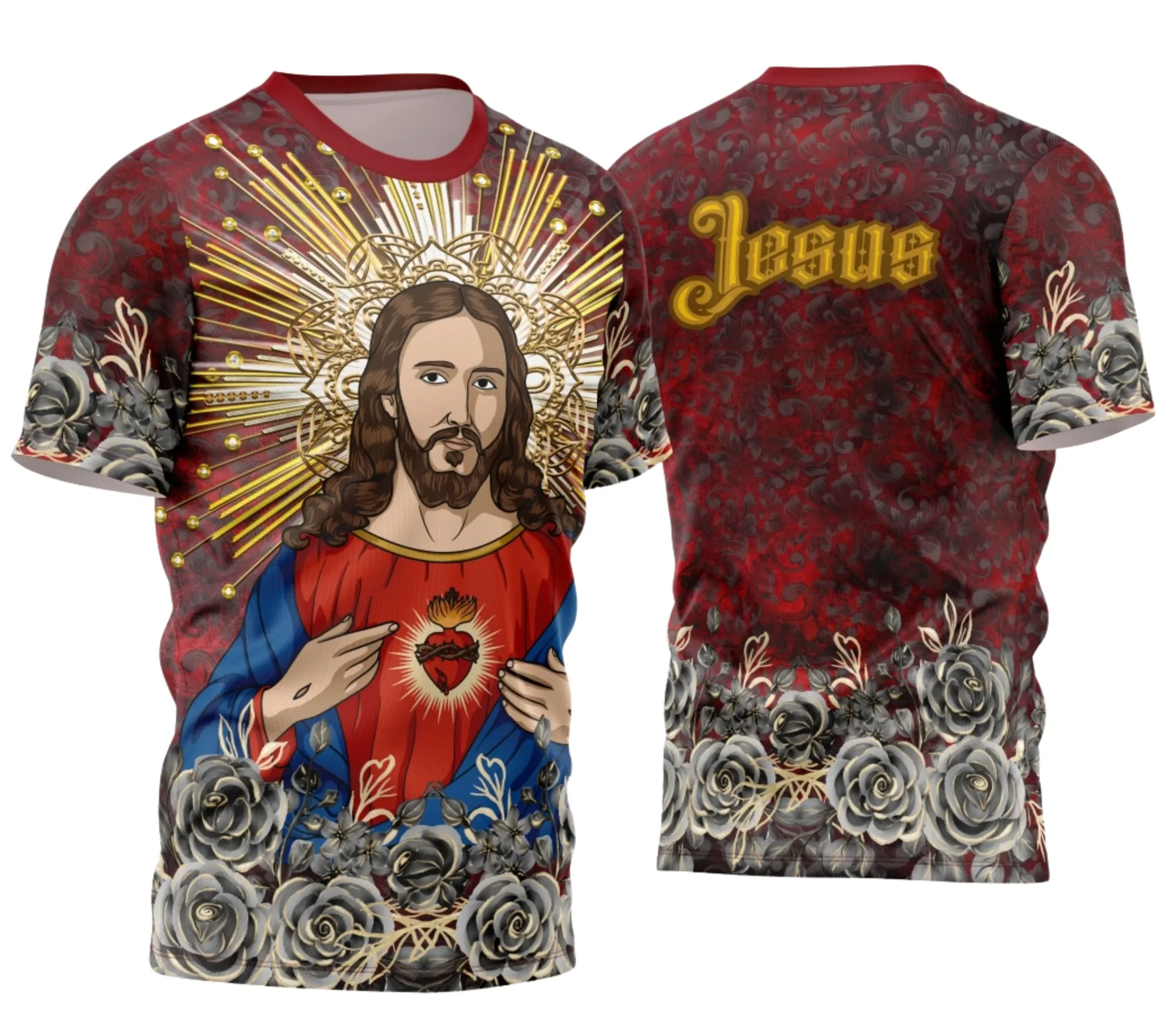 Camiseta unissex preta com logo no peito e estampa grande nas costas inspirada no Espírito do Sagrado Coração de Jesus, ideal para quem busca fé e estilo.