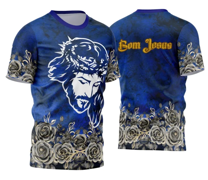 Camiseta unissex branca com logo no peito e estampa grande nas costas exibindo a Sagrada Imagem do Bom Jesus, perfeita para quem busca estilo e fé em uma única peça.