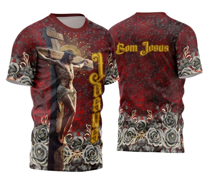 Camiseta unissex branca com logo no peito e estampa grande nas costas com tema Devocional Bom Jesus, visual marcante e espiritual, ideal para momentos de fé e devoção.