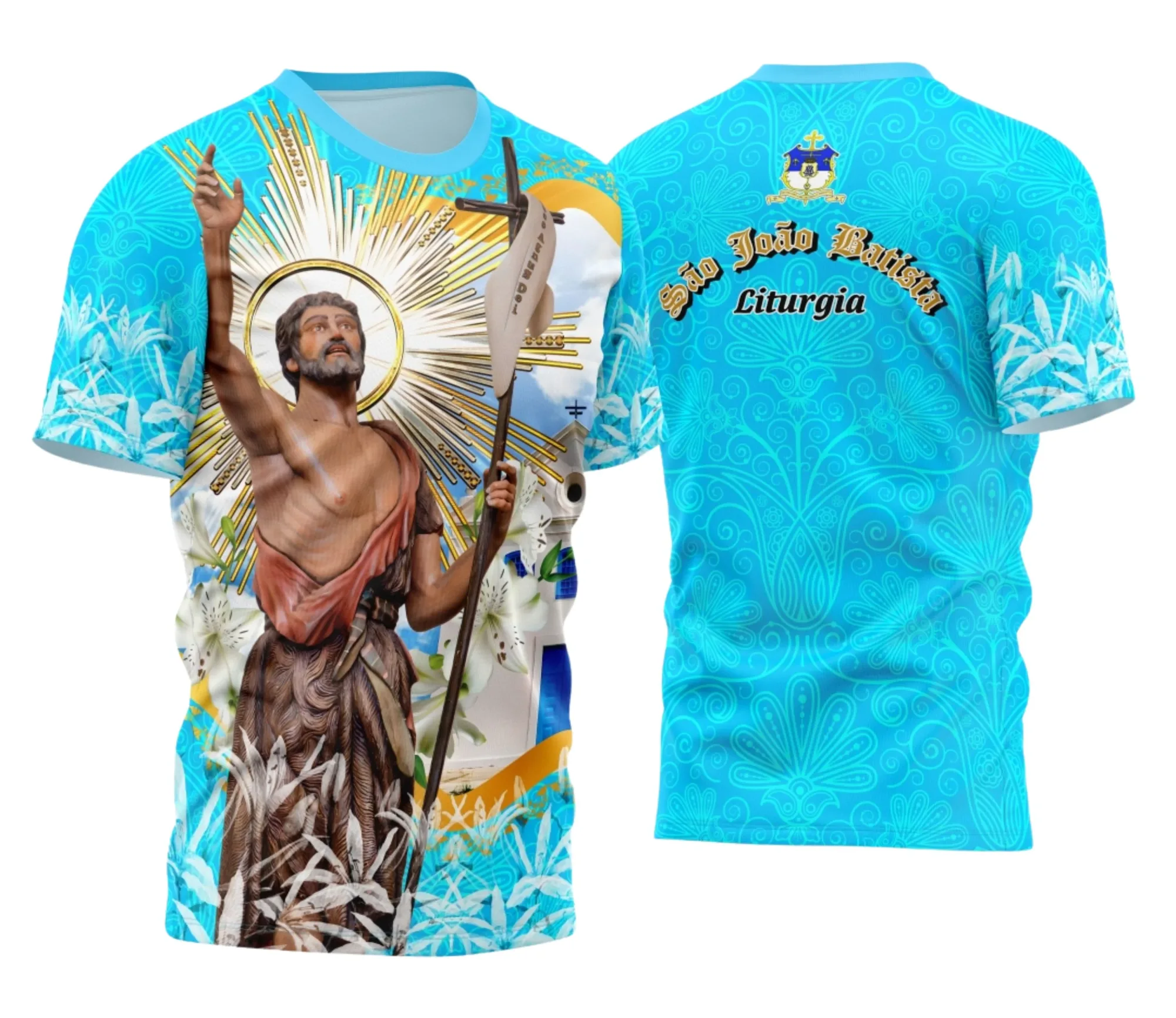 Camiseta unissex preta com logo no peito e estampa grande nas costas destacando São João Batista no tema Religioso 2025, perfeita para devotos e celebrações religiosas.