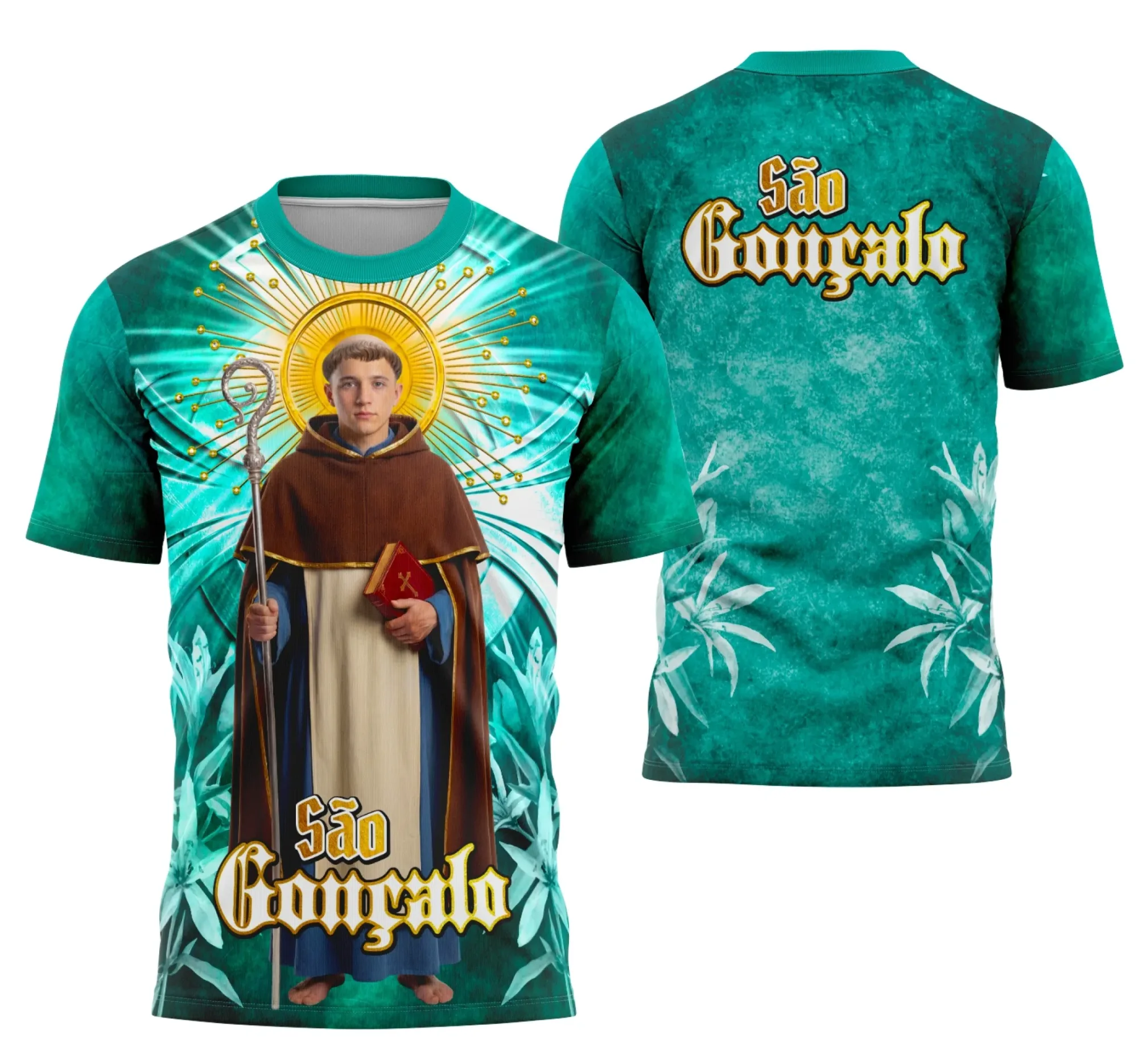 Camiseta unissex preta com logo no peito e estampa grande nas costas retratando Devota São Gonçalo Católica, ideal para quem busca fé e estilo em roupa confortável.