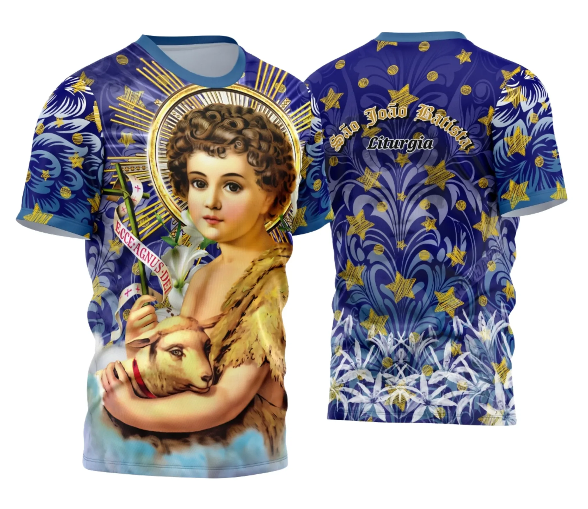 Camiseta preta unissex com logo no peito e estampa grande nas costas do tema São João Batista Clássico 2025, perfeita para quem busca estilo religioso e clássico.