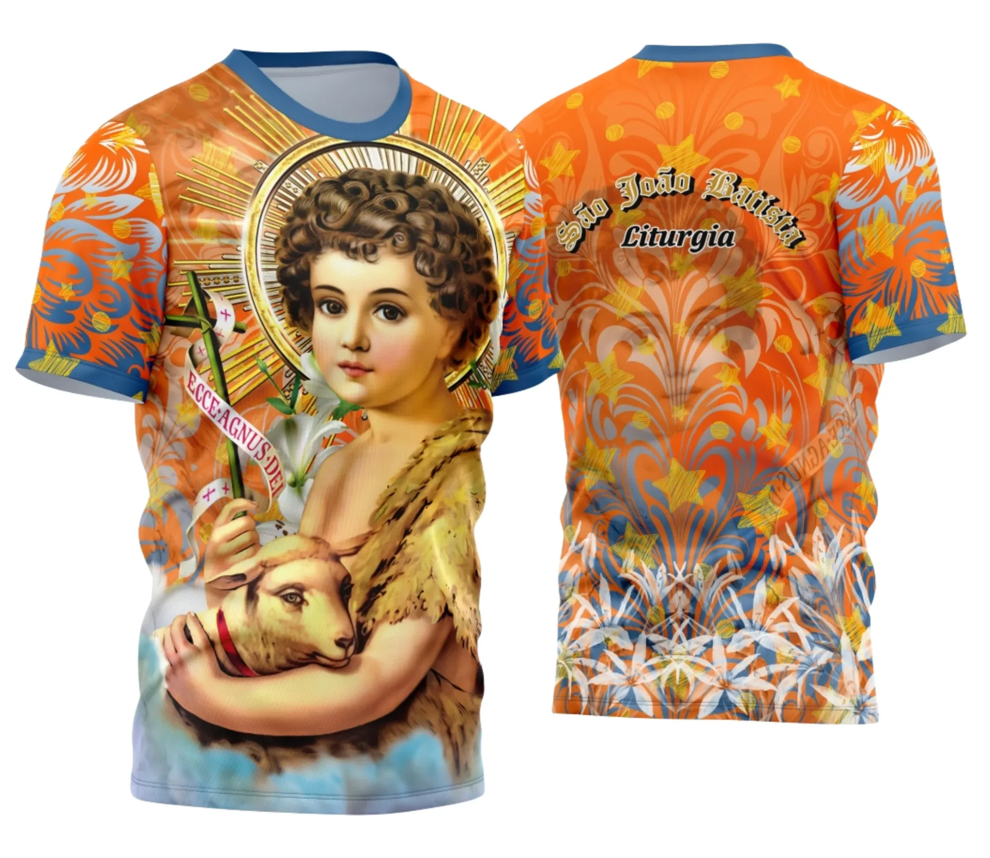 Camiseta unissex preta com logo no peito e estampa grande nas costas celebrando São João Batista 2025, perfeita para quem busca estilo e fé em uma camisa confortável.