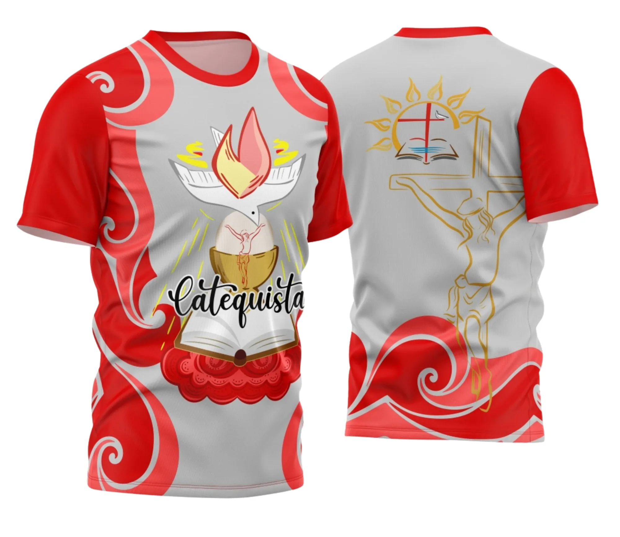 Camiseta unissex branca com logo no peito e estampa grande nas costas sobre tema catequese inspiradora, perfeita para eventos e reuniões religiosas.