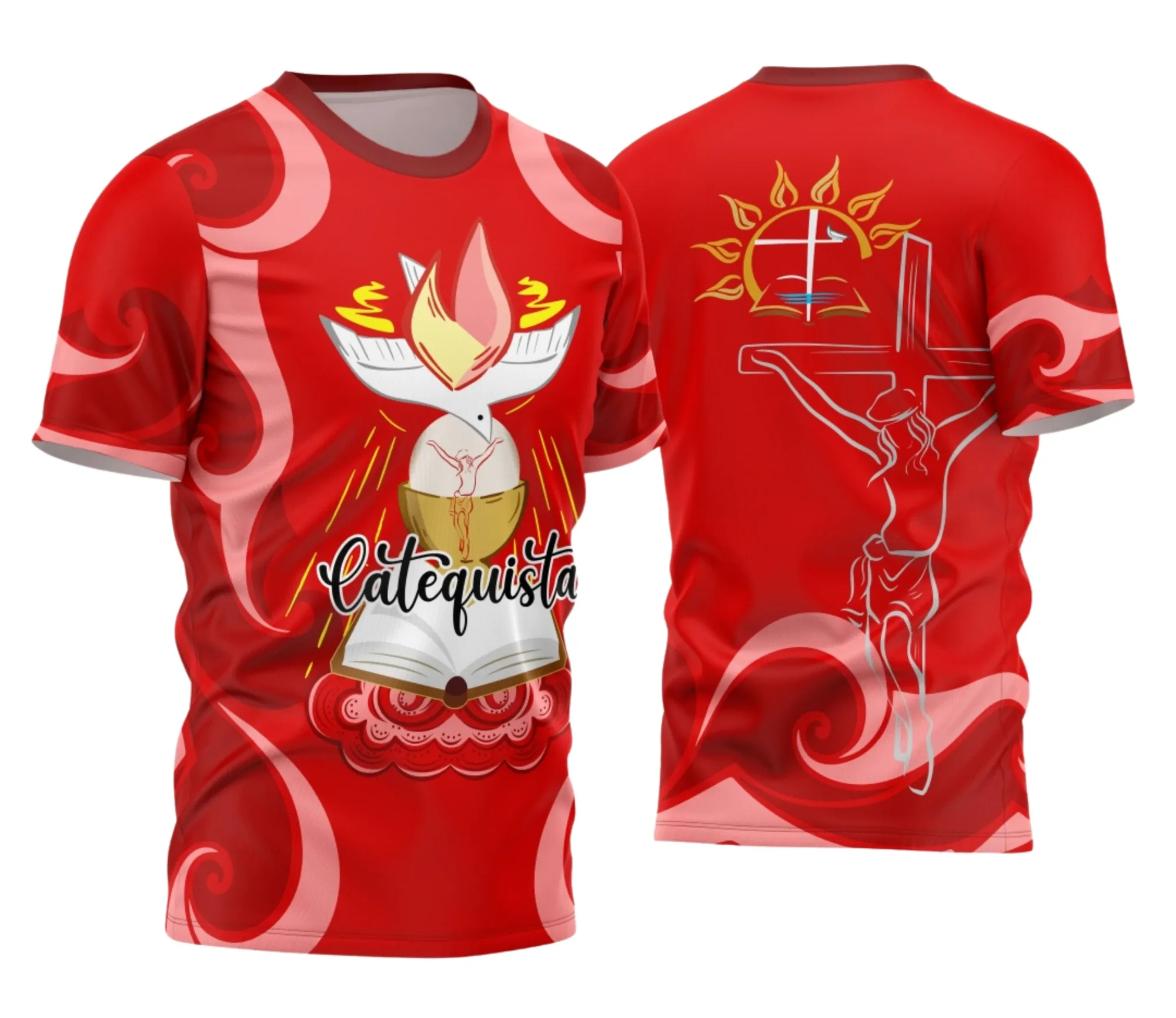 Camiseta unissex preta com logo no peito e estampa grande nas costas com tema design religioso vermelho para catequista, ideal para eventos e encontros da igreja.