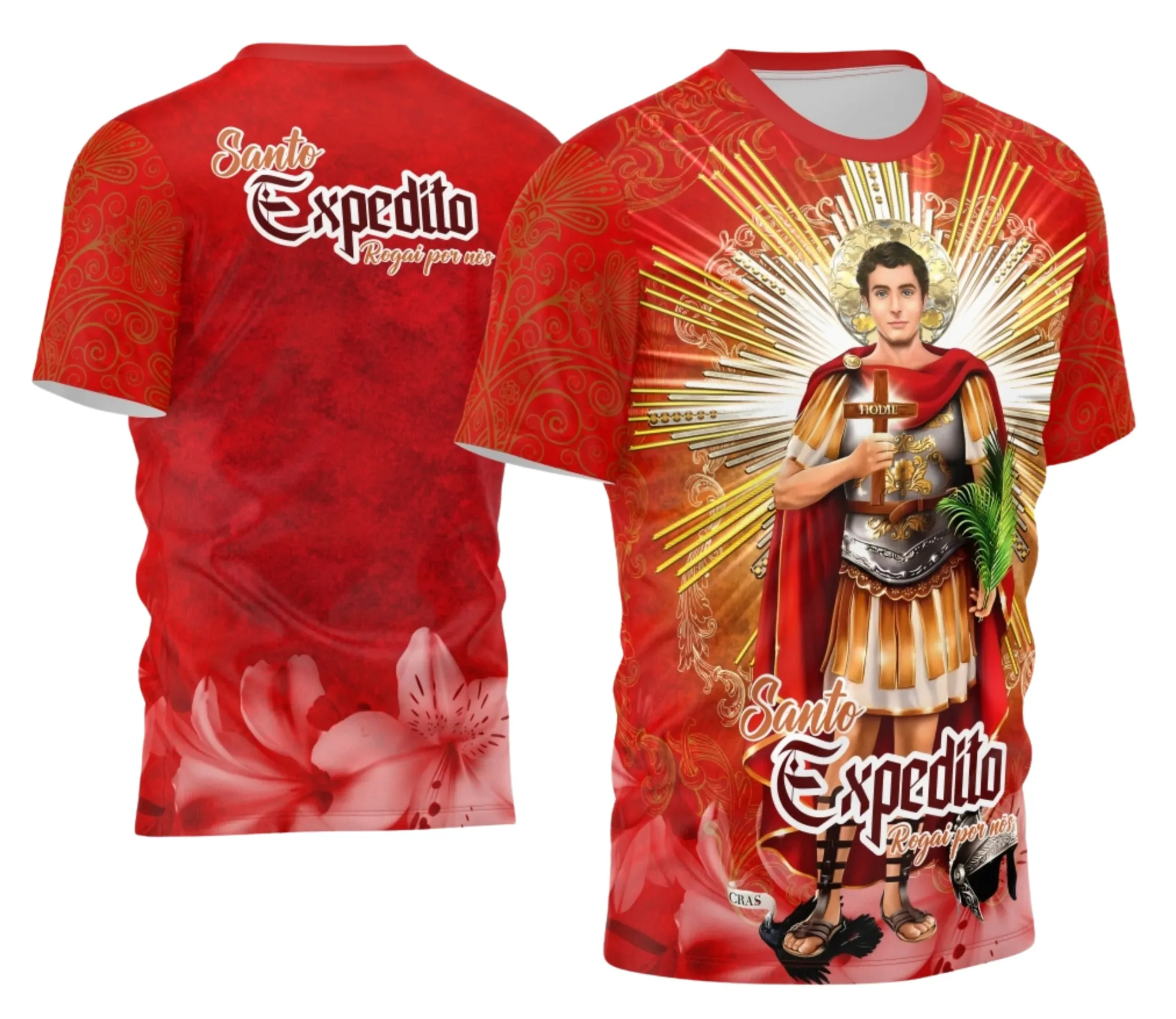 Camiseta unissex preta com logo no peito e estampa grande nas costas de Santo Expedito Inspirador, ideal para fãs de temática religiosa e estilo moderno.