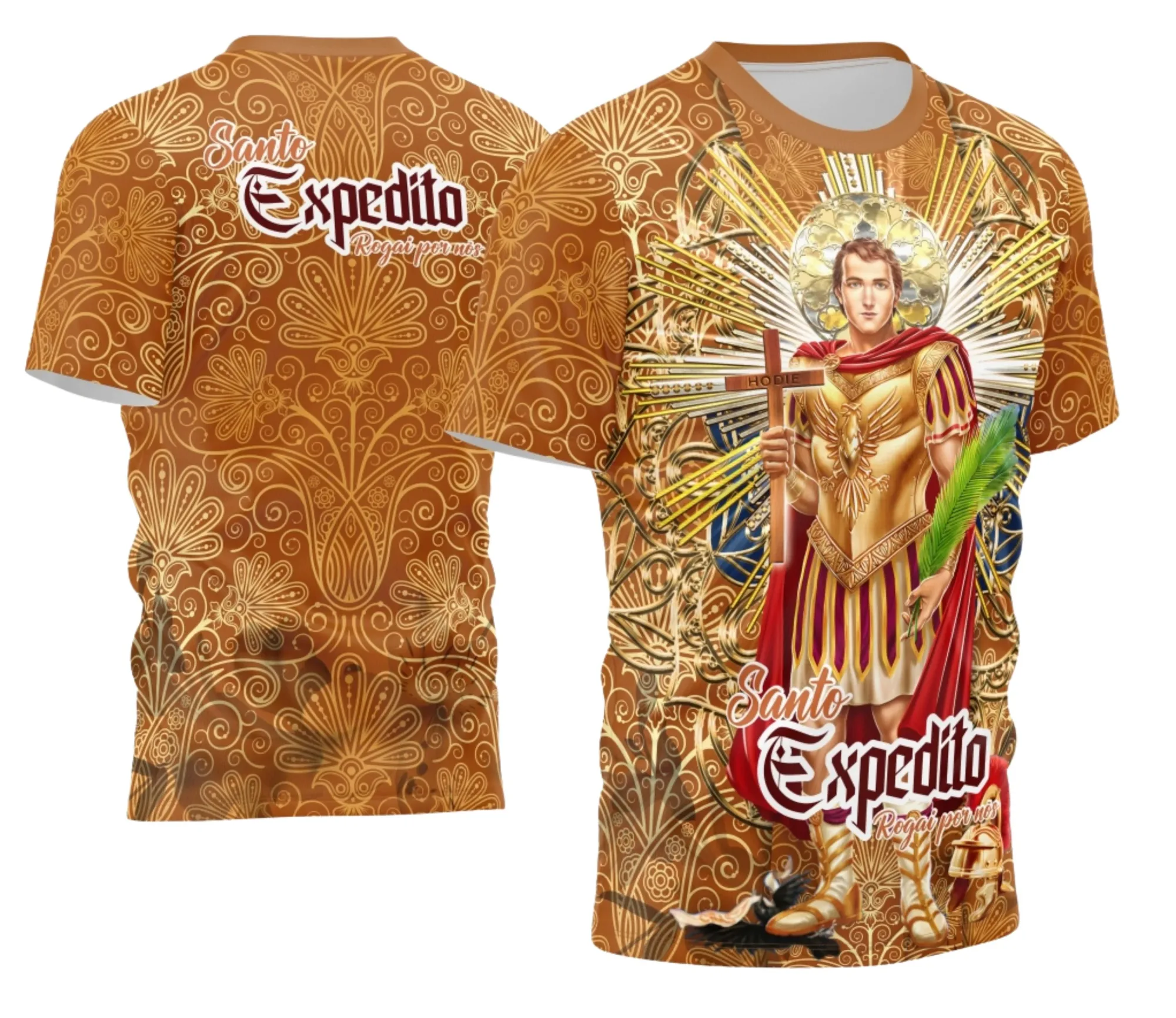 Camiseta preta unissex com logo no peito e estampa grande nas costas temática de Santo Expedito 2026, ideal para quem busca estilo religioso moderno e exclusivo.