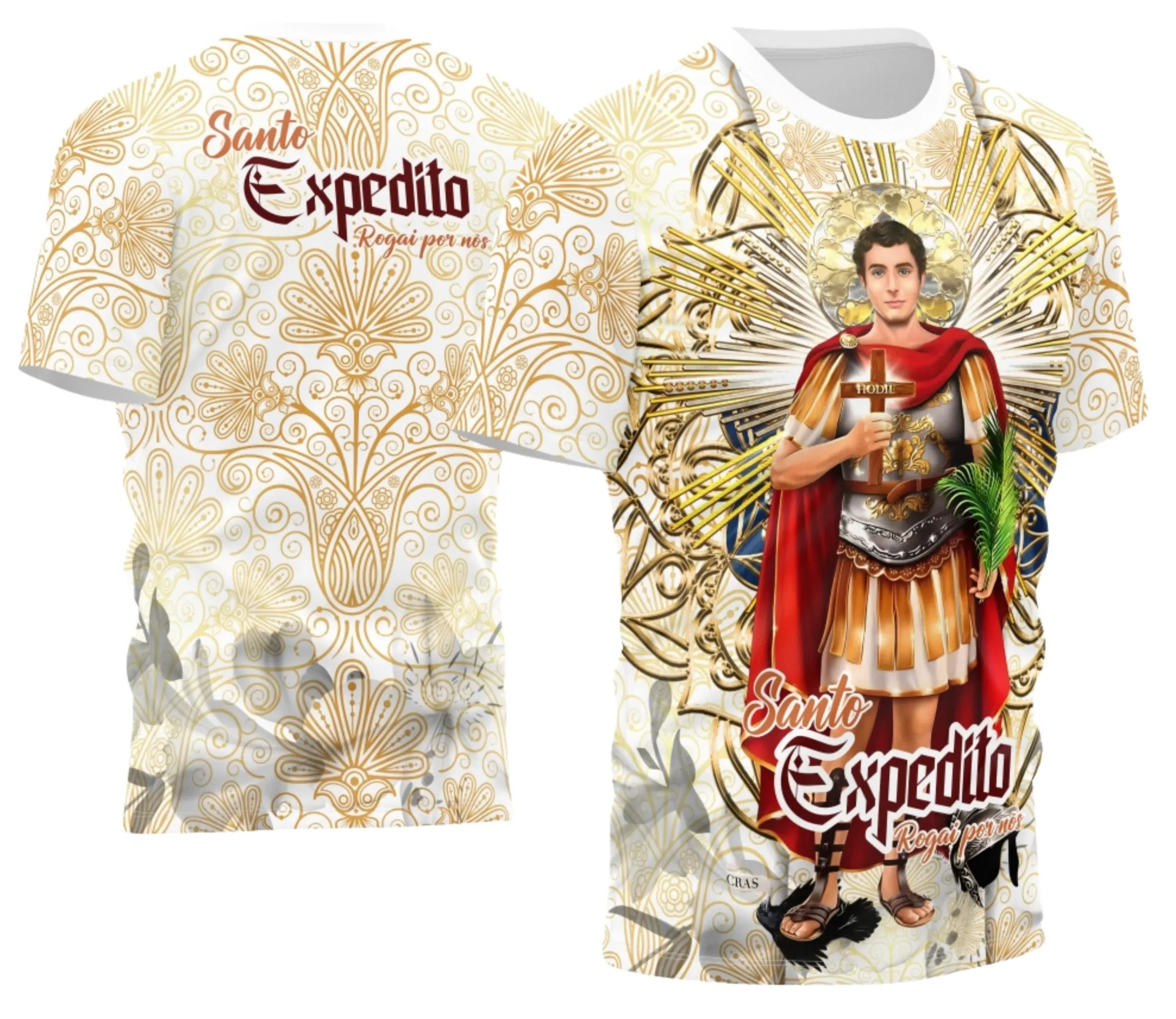 Camiseta unissex na cor preta com logo no peito e estampa grande nas costas com tema de Santo Expedito estilo religioso em 2026, perfeita para quem busca fé e estilo.