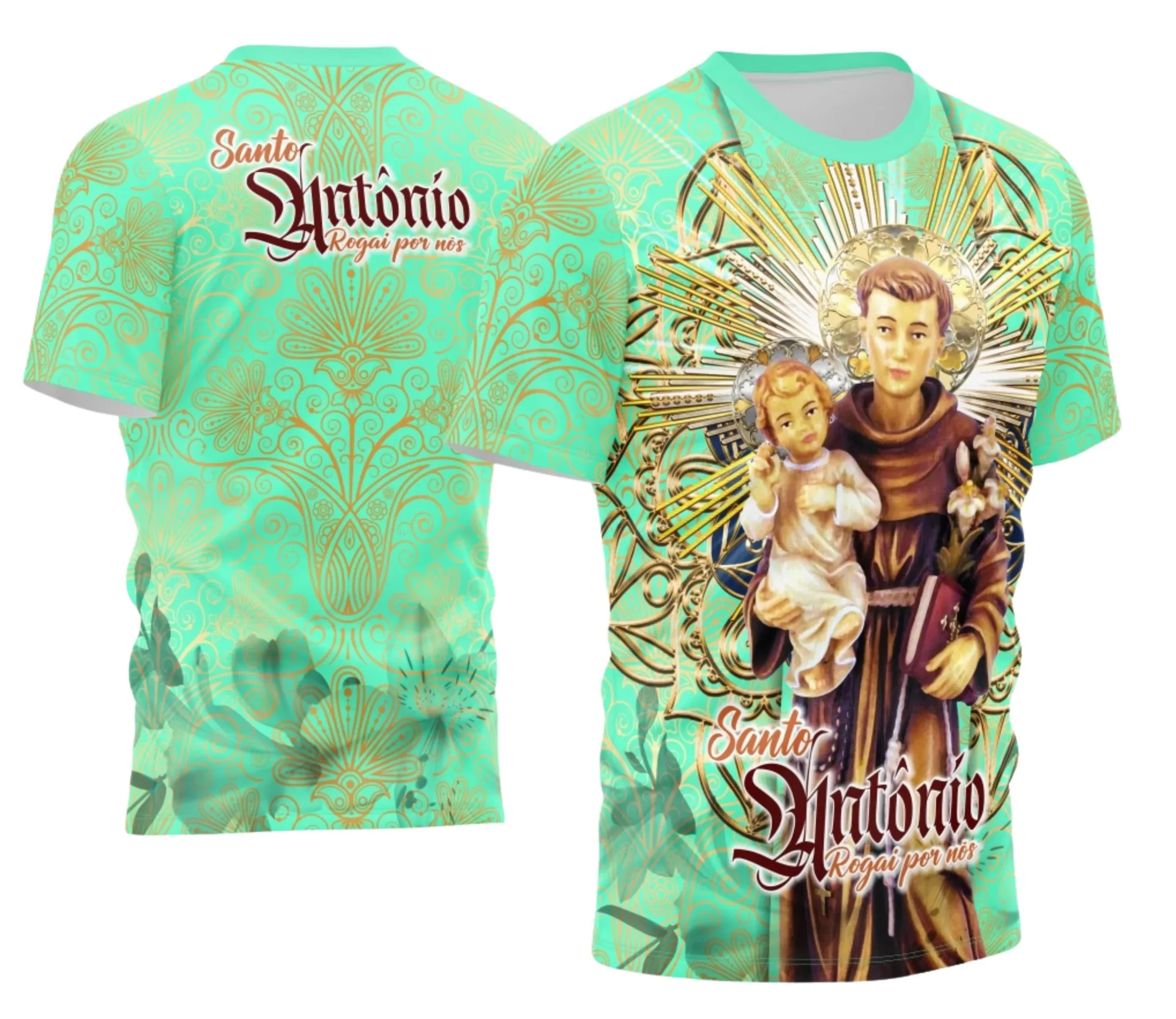 Camiseta unissex preta com logo no peito e estampa grande nas costas mostrando Devoto Santo Antônio 2026, perfeita para uso casual e devocional.