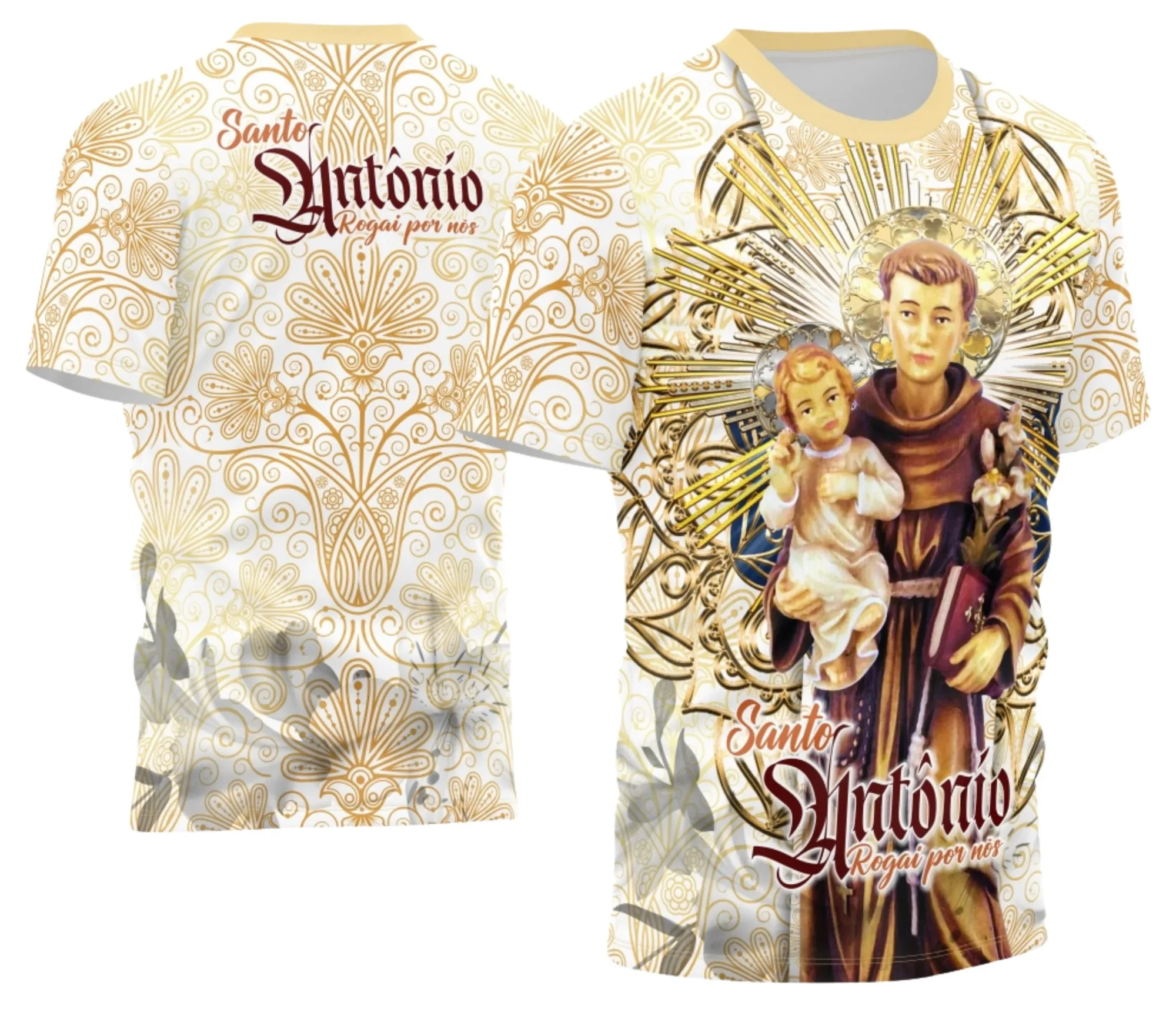 Camiseta unissex branca com logo no peito e estampa grande nas costas, tema Santo Antônio Clássica 2026, estilo moderno, ideal para uso diário.