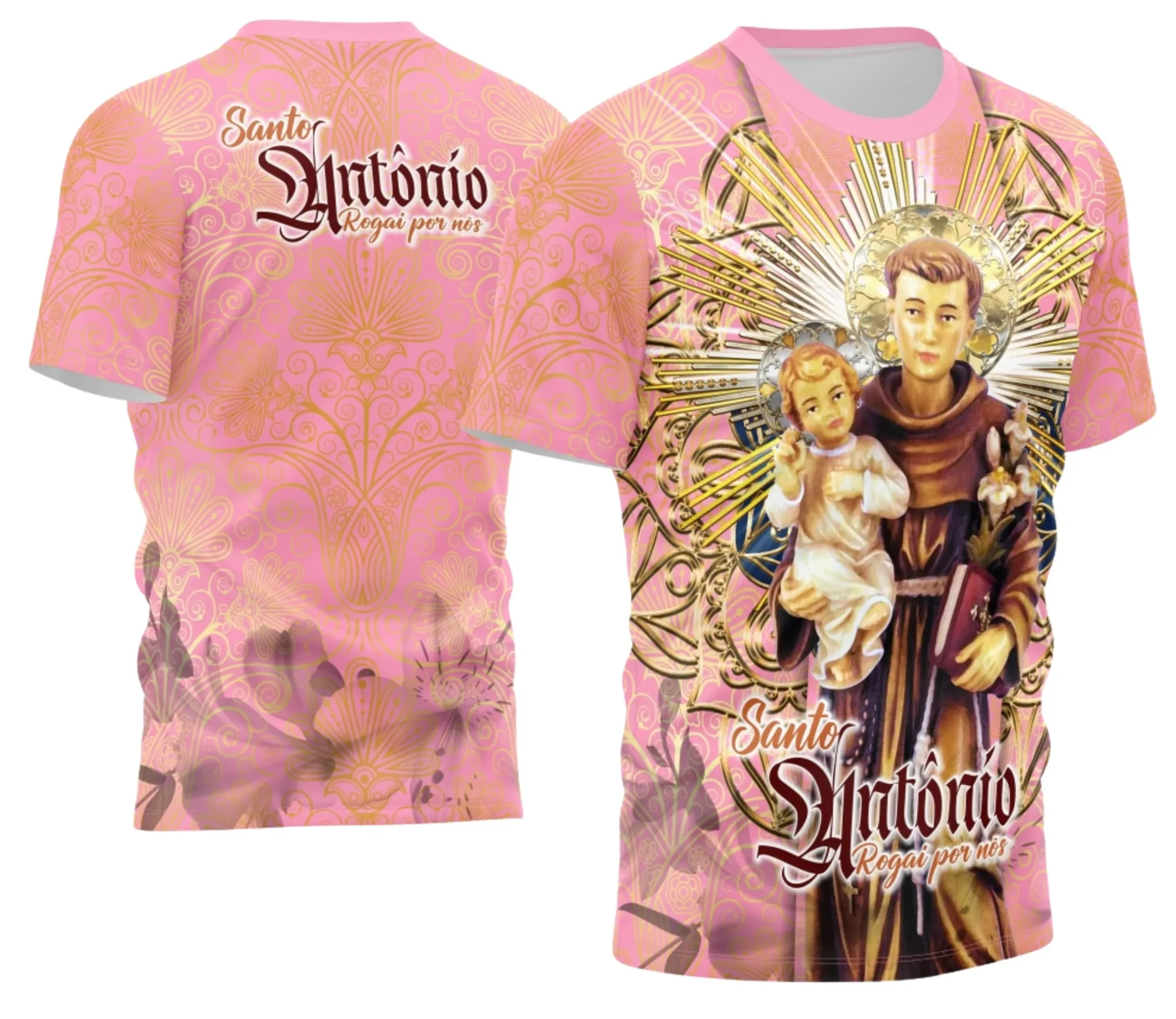 Camiseta unissex preta com logo no peito e estampa grande nas costas de Santo Antônio 2026, modelo 2, ideal para fãs de design devocional.