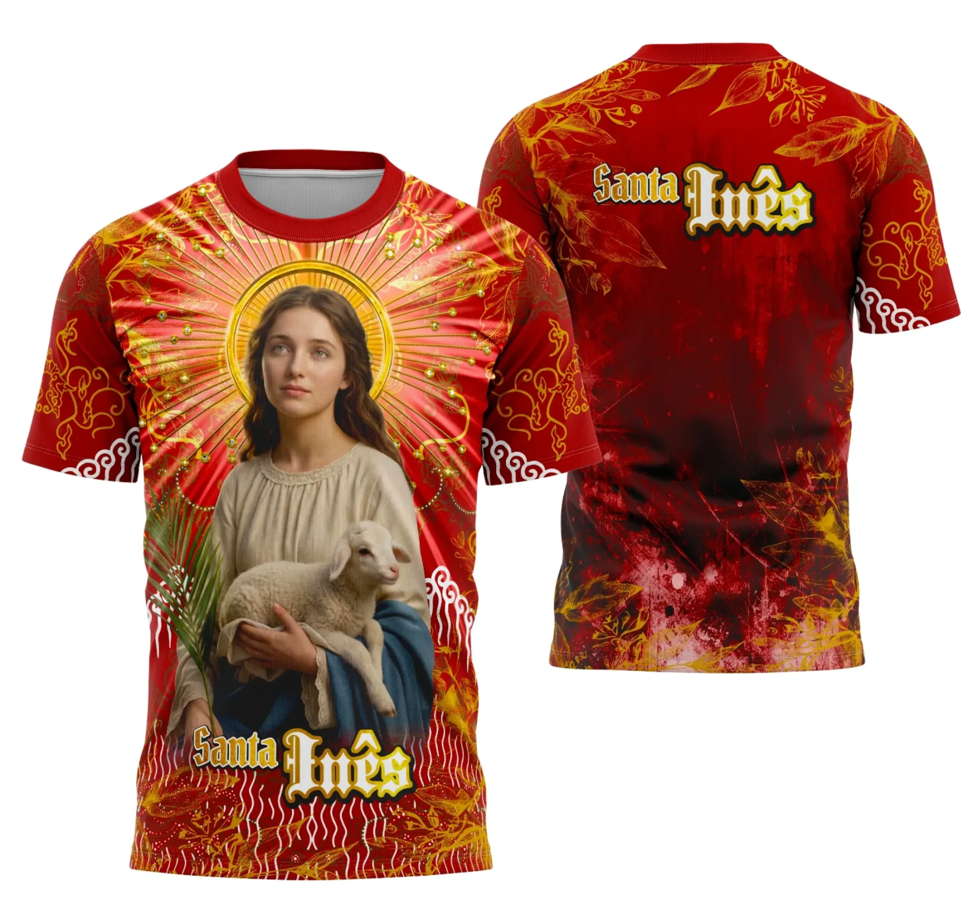 Camiseta unissex preta com logo no peito e estampa grande nas costas com tema de Santa Inês de Roma, estilo católico, ideal para quem busca fé e proteção.