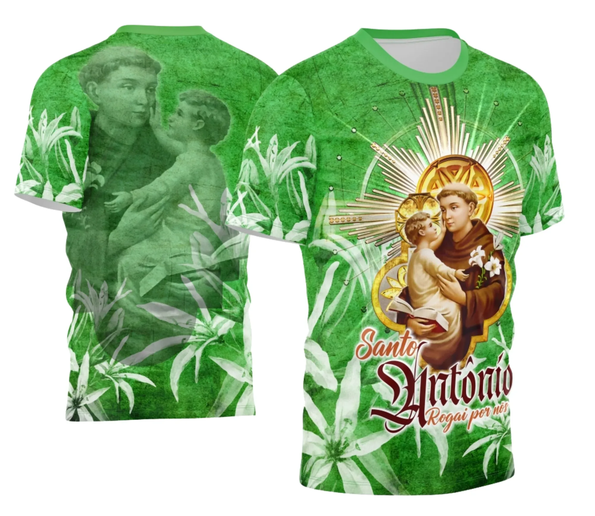 Camiseta unissex preta com logo no peito e estampa grande nas costas estampando a devoção a Santo Antônio 2026, design moderno e atraente pra eventos religiosos e uso casual.