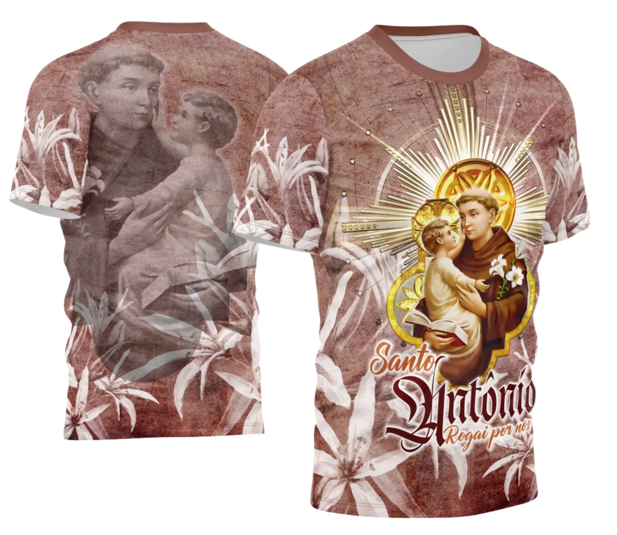 Camiseta unissex branca com logo no peito e estampa grande nas costas com tema Devota Santo Antônio 2026 modelo 2, perfeita para quem busca estilo e conexão espiritual.