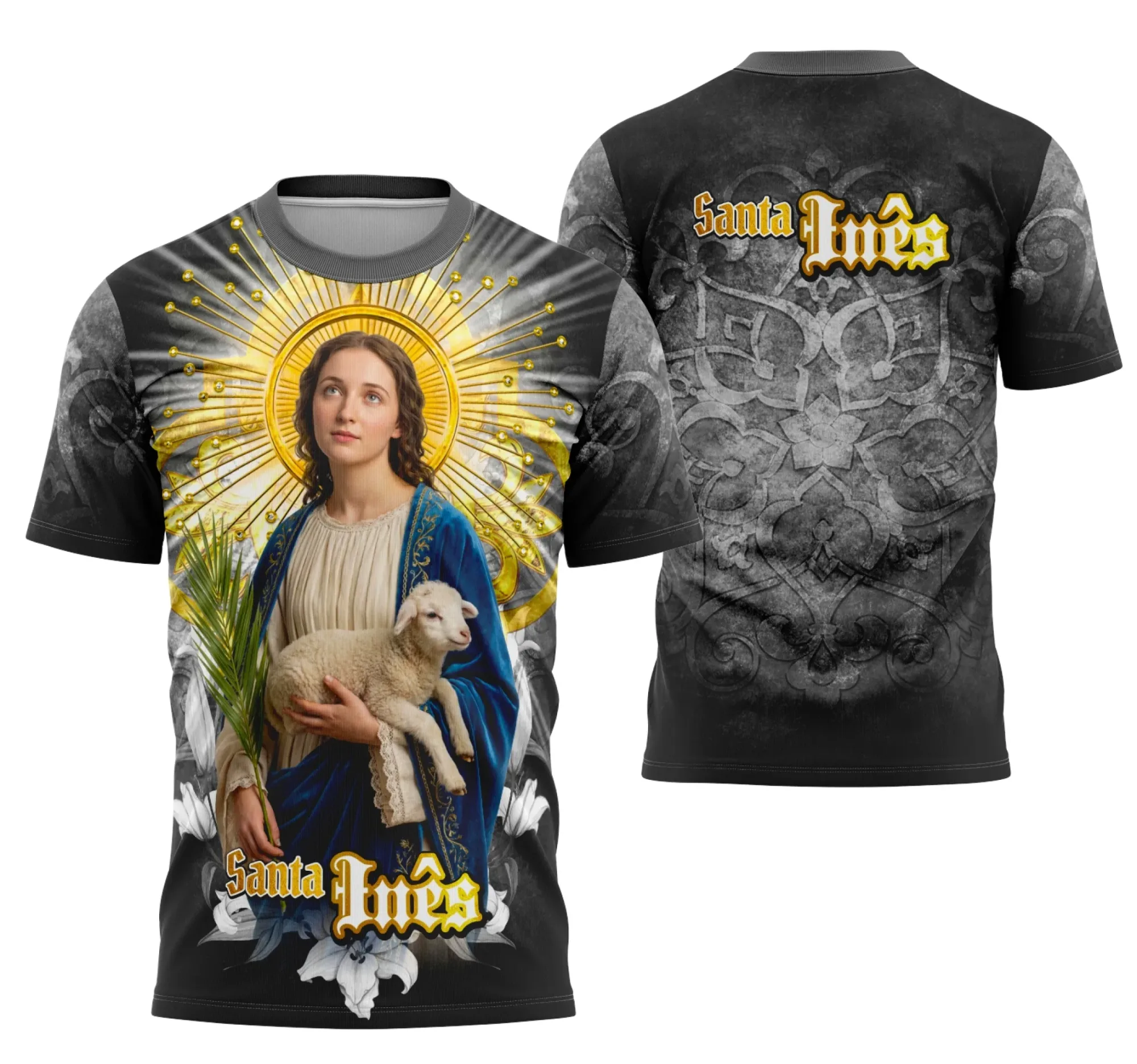 Camiseta unissex branca com logo no peito e estampa grande nas costas da Devota Santa Inês de Roma, ideal para quem gosta de fé e proteção em estilo moderno.