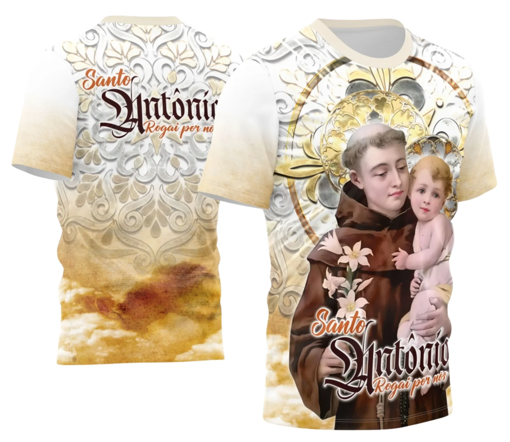 Camiseta unissex branca com logo no peito e estampa grande nas costas com tema Devocional Santo Antônio 2026, estilo moderno e religioso para uso casual e celebrações.