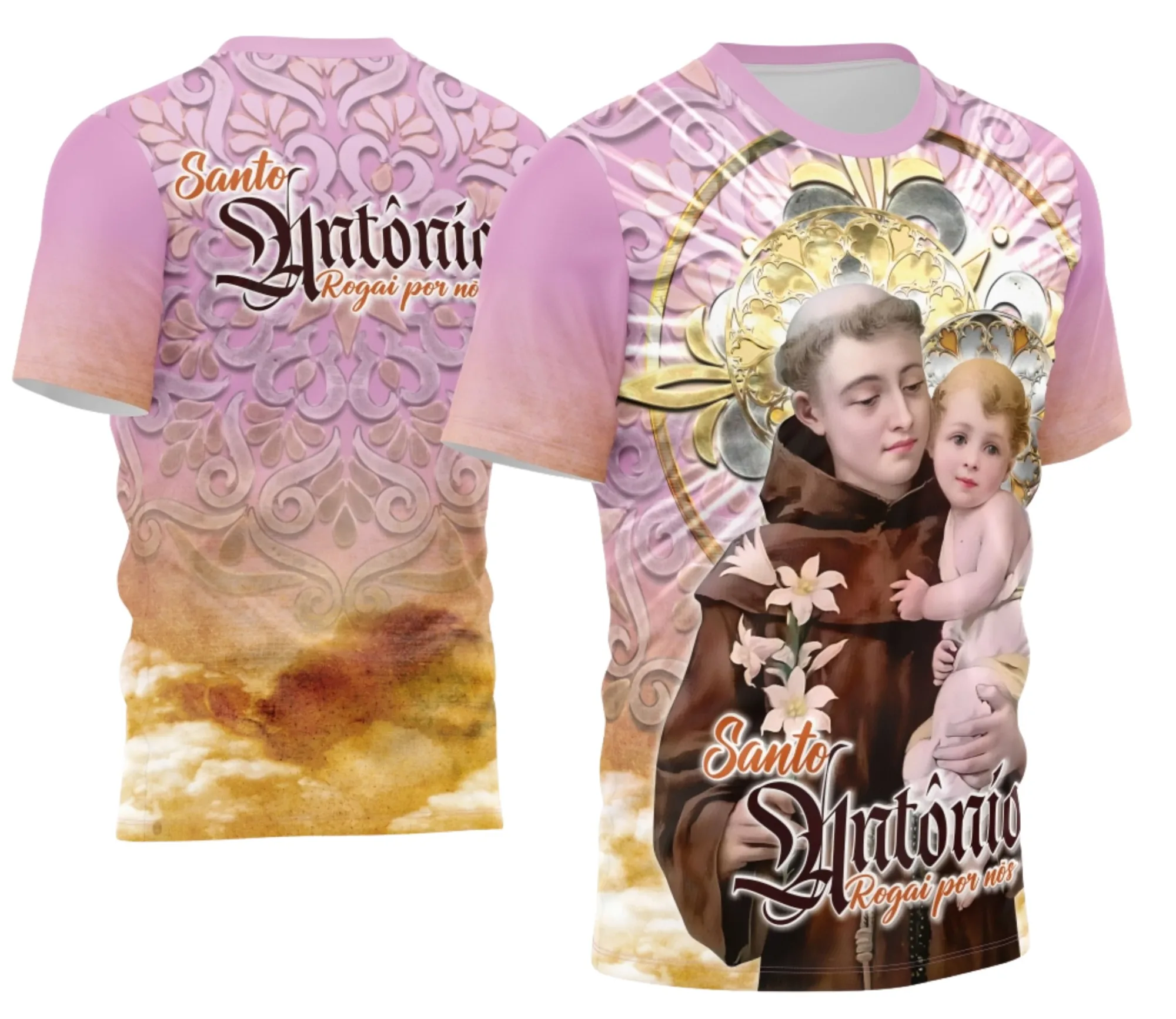 Camiseta unissex branca com logo no peito e estampa grande nas costas com a imagem de Santo Antônio 2026 em estilo religioso, perfeita para quem busca fé e proteção.