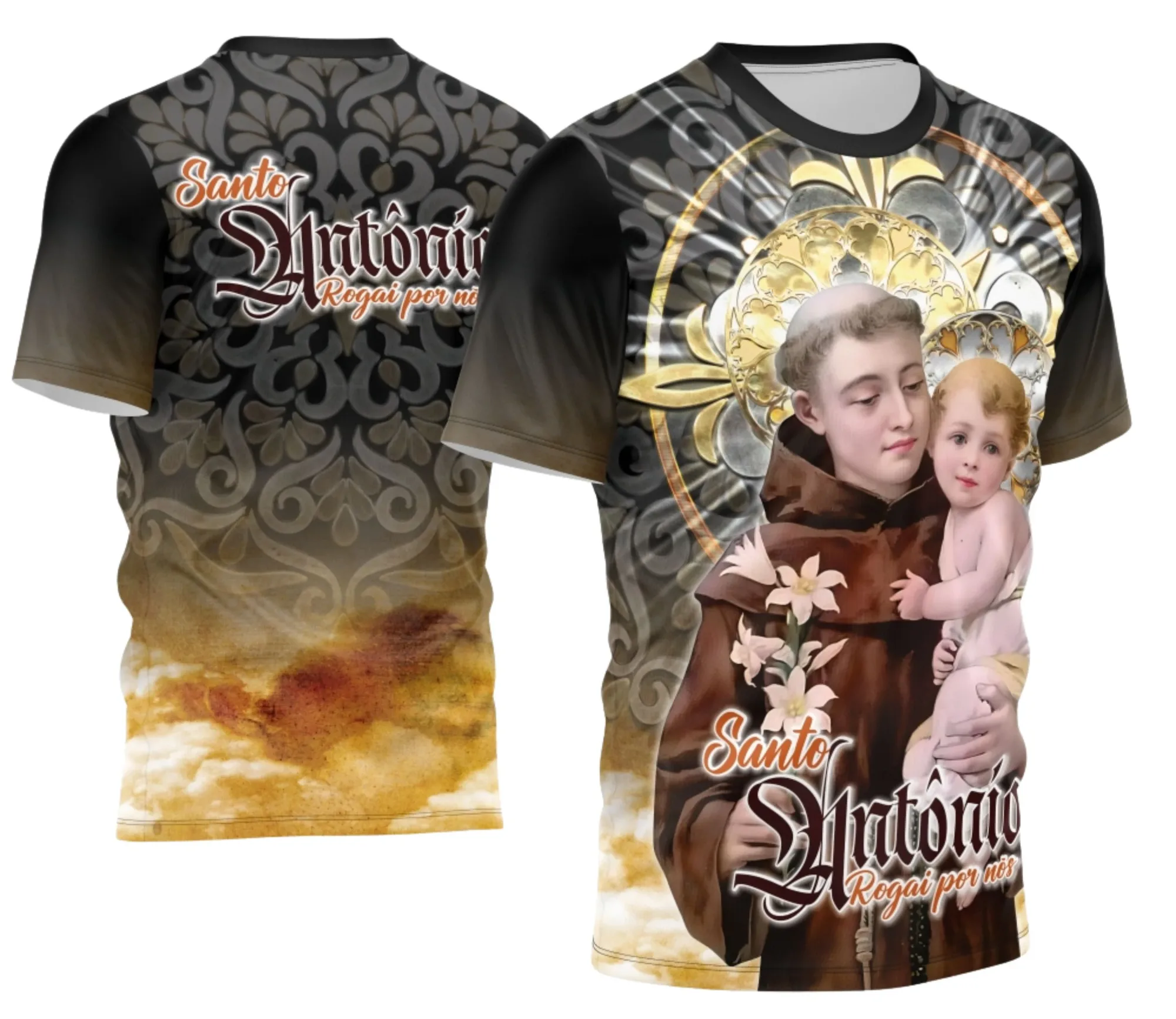 Camiseta unissex preta com logo no peito e estampa grande nas costas com tema Devocional Santo Antônio 2026 modelo 11, ideal para ocasiões especiais e uso diário.