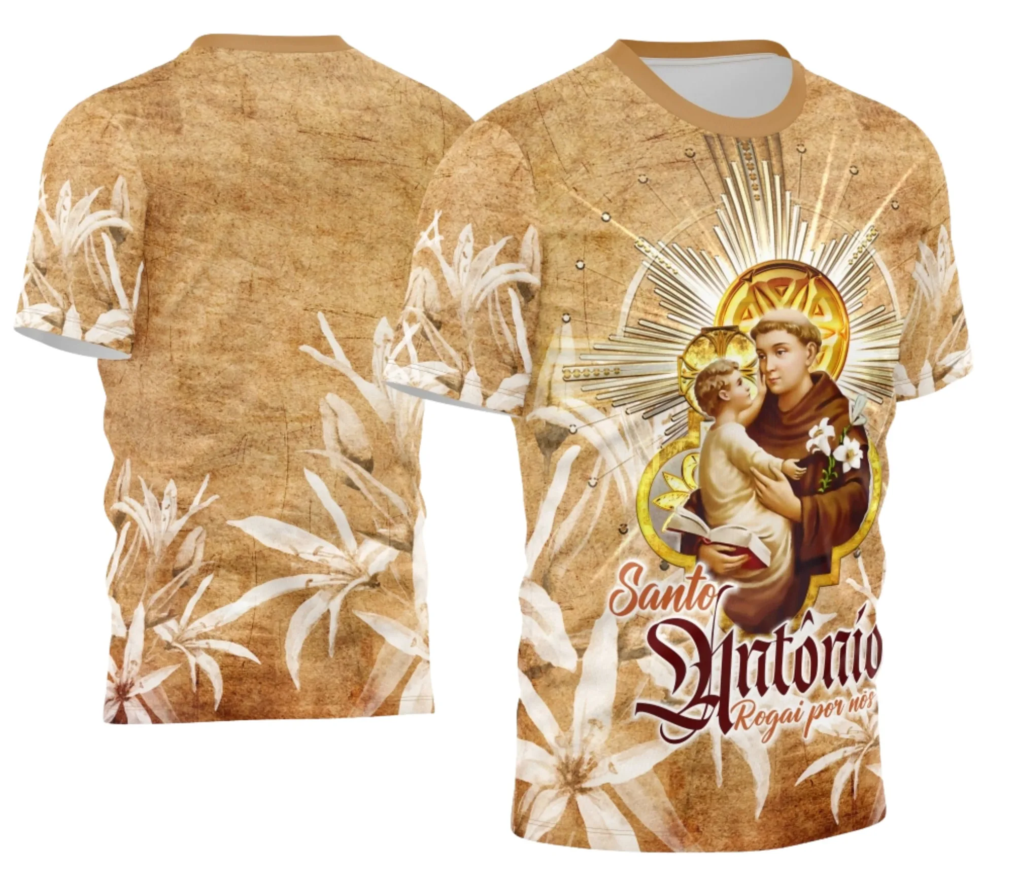 Camiseta unissex branca com logo no peito e estampa grande nas costas com o tema Devoto Santo Antônio 2026, perfeita para ocasiões religiosas e devocionais.