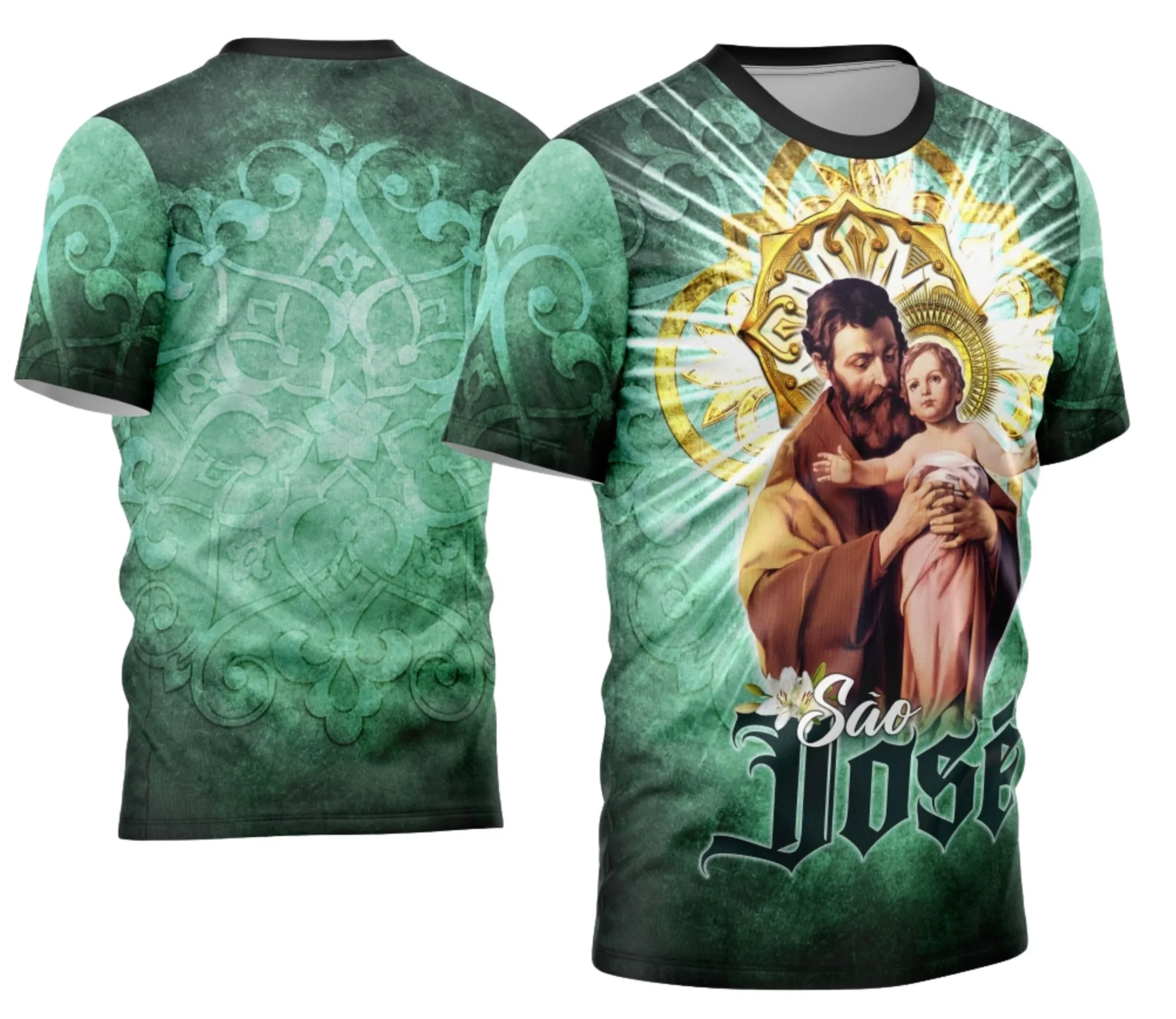 Camiseta unissex preta com logo no peito e estampa grande nas costas com tema São José Design 08, ideal para quem busca estilo religioso e moderno.