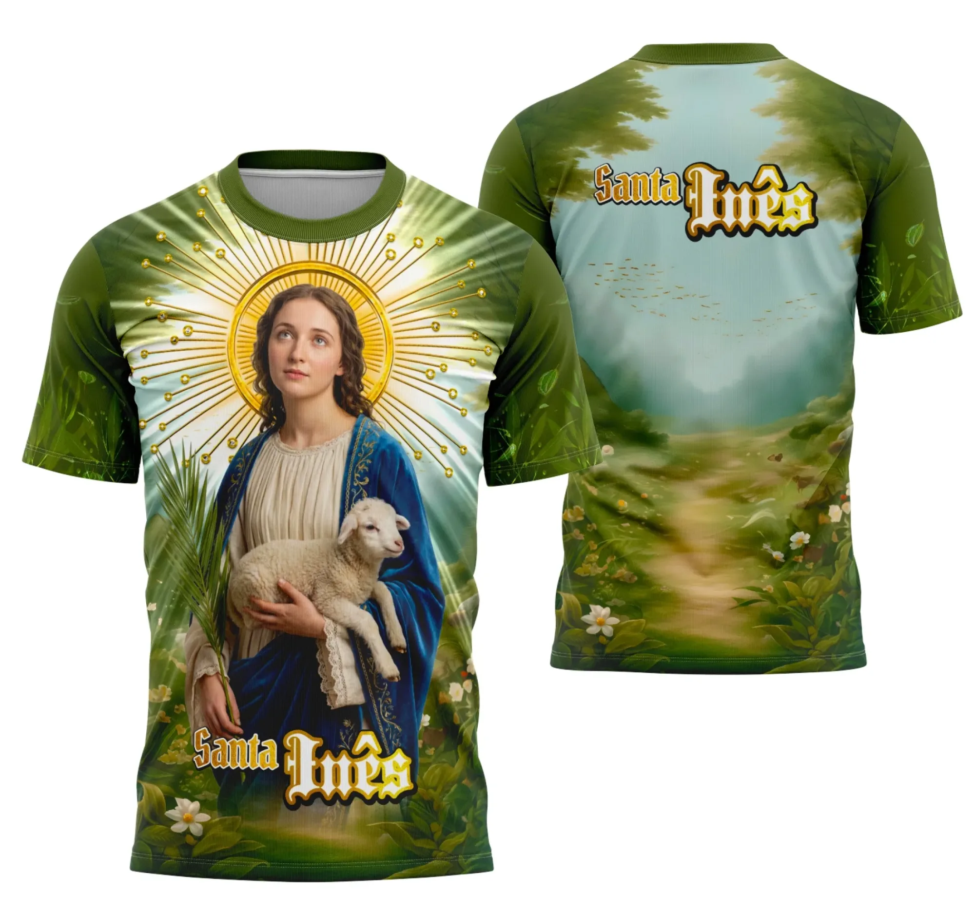 Camiseta unissex preta com logo no peito e estampa grande nas costas da Santa Inês de Roma para camisa religiosa, design impactante e elegante.