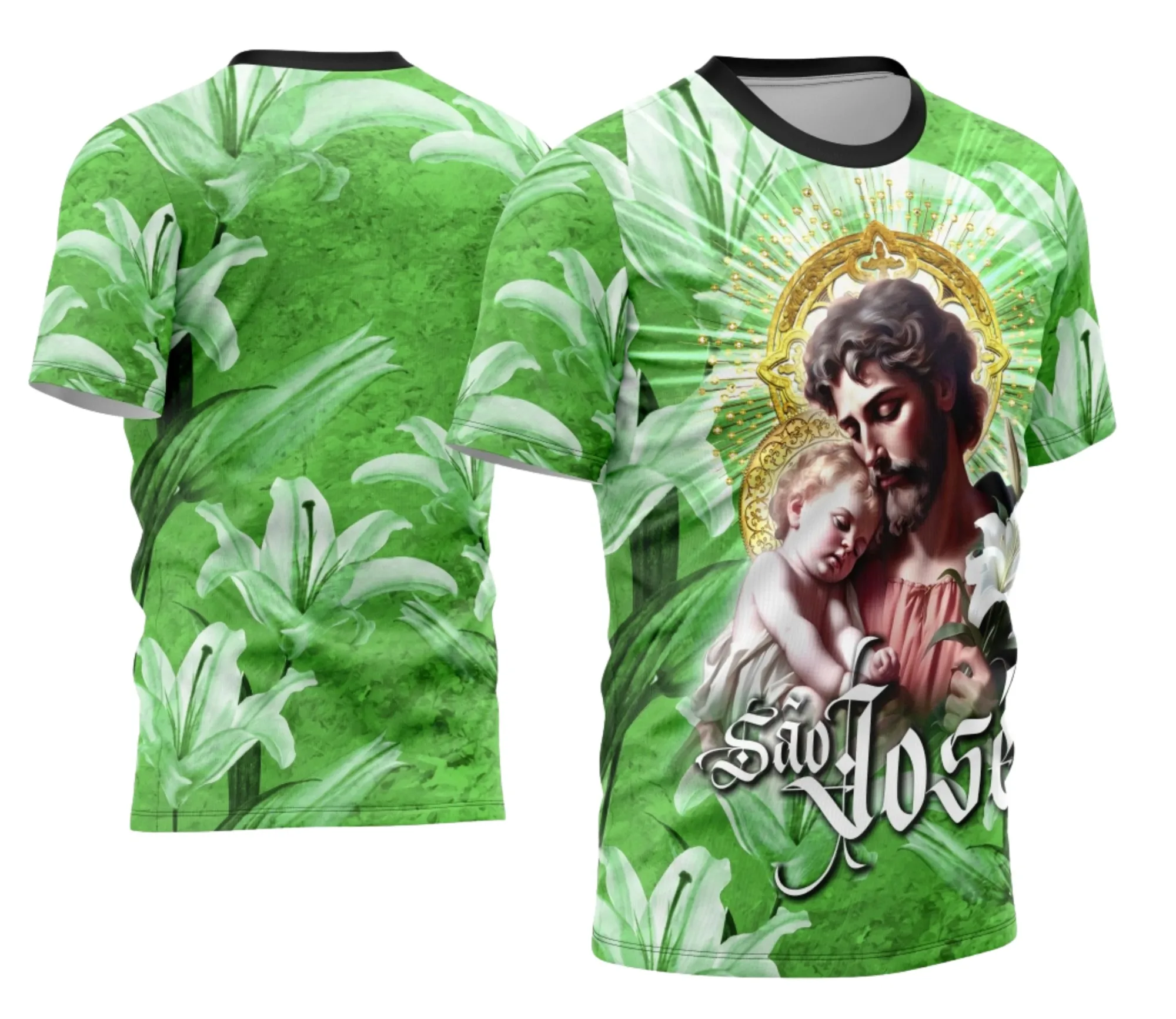 Camiseta unissex branca com logo no peito e estampa grande nas costas, destacando São José com estilo único, perfeita para quem busca fé e estilo numa peça versátil.