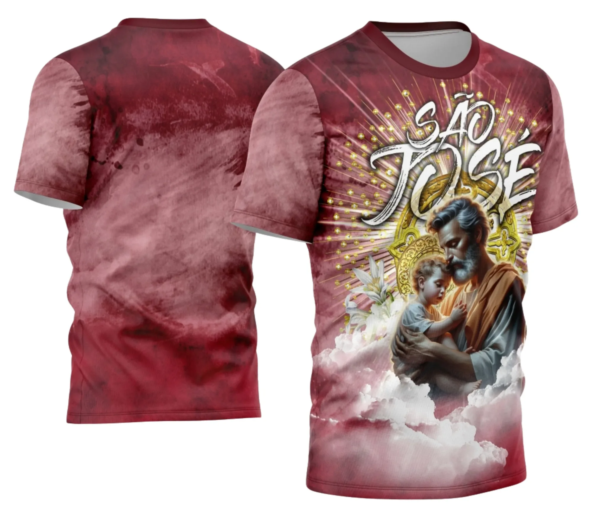 Camiseta unissex preta com logo no peito e estampa grande nas costas com tema São José, destaque para detalhes marcantes e design moderno, ideal para uso casual.