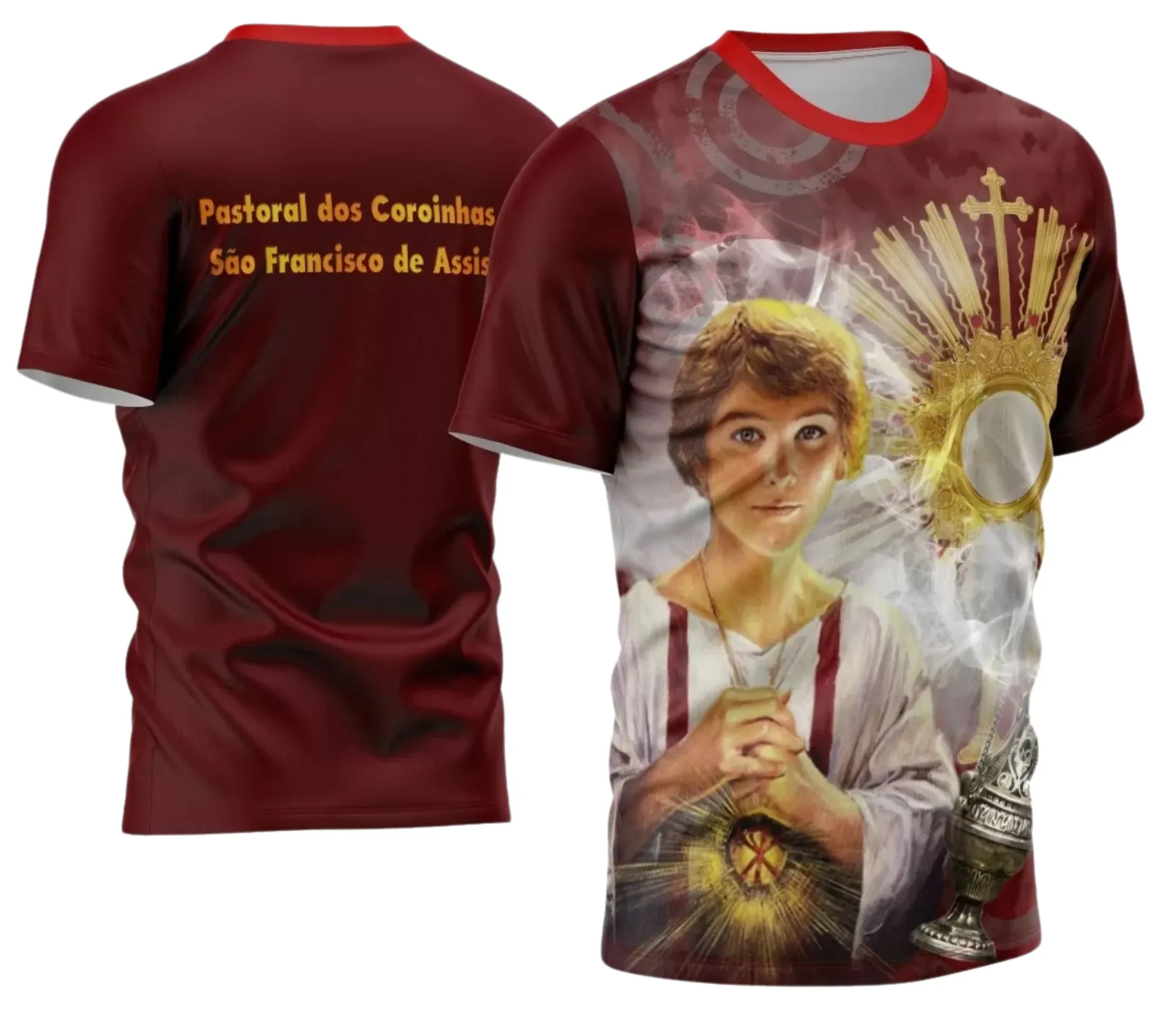 Camiseta unissex branca com logo no peito e estampa grande nas costas inspirada em São Tarcísio, ideal para quem busca estilo religioso e conforto no dia a dia.