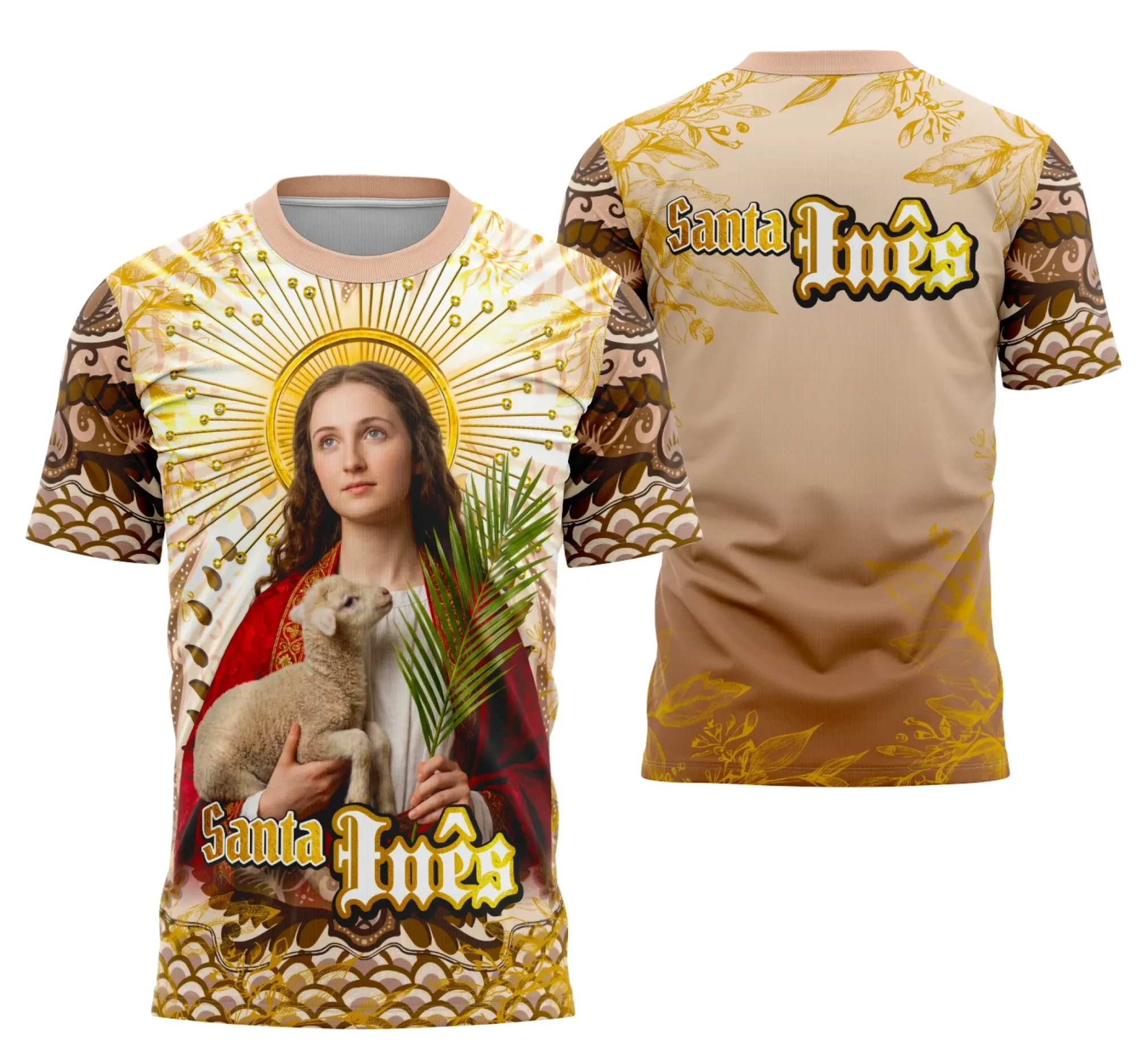 Camiseta unissex preta com logo no peito e estampa grande nas costas inspiradas em Santa Inês de Roma, perfeita para quem busca estilo e fé em uma peça confortável.